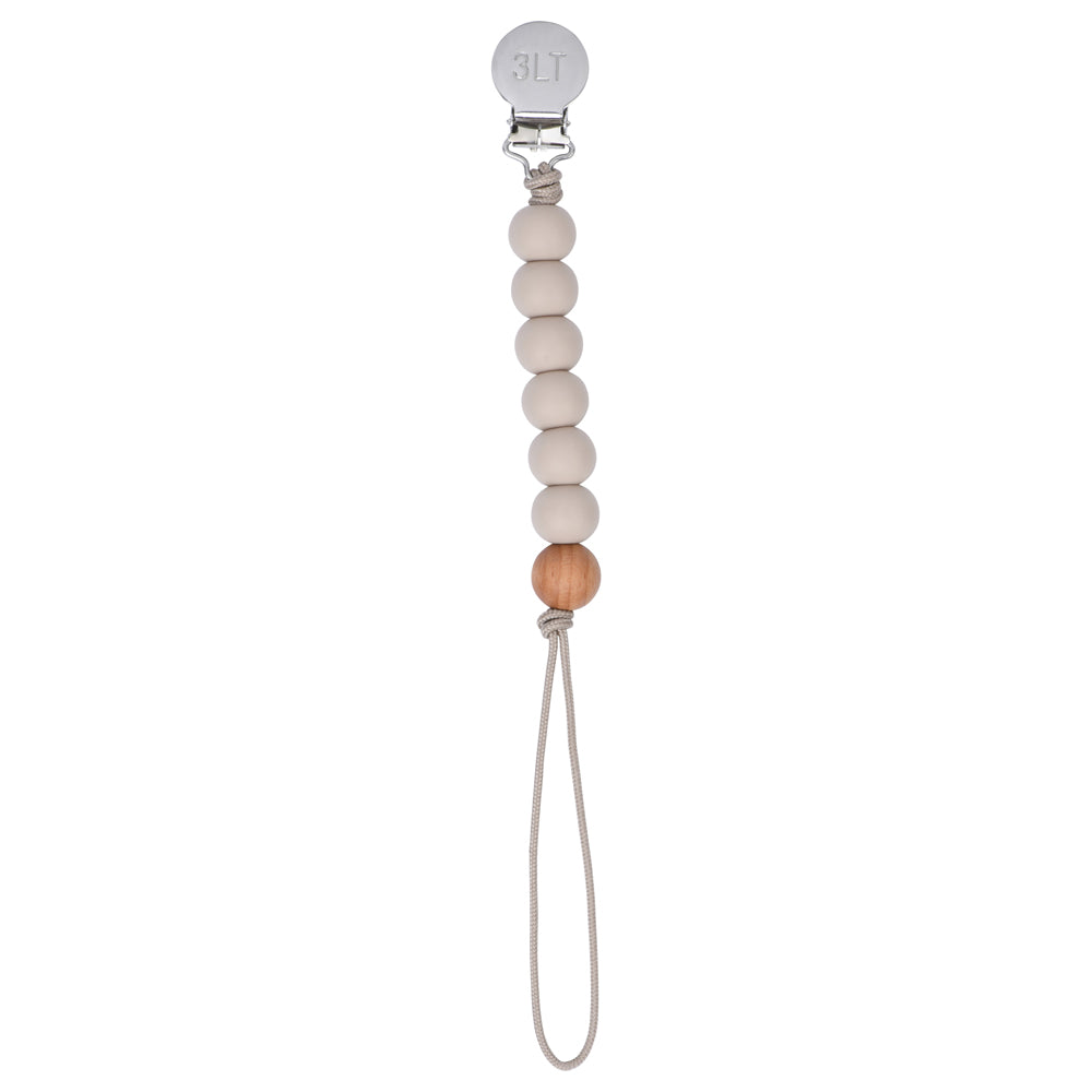 Three Little tots neutral tan silicone beaded pacifier clip. This clip is handmade in the USA.