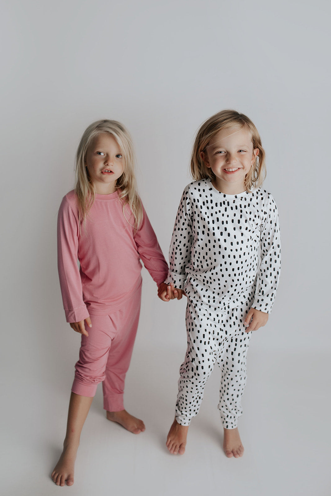 Polka Dot Toddler and big kid jammies in matching prints and solids, designed for comfy bedtime or lounging all day.