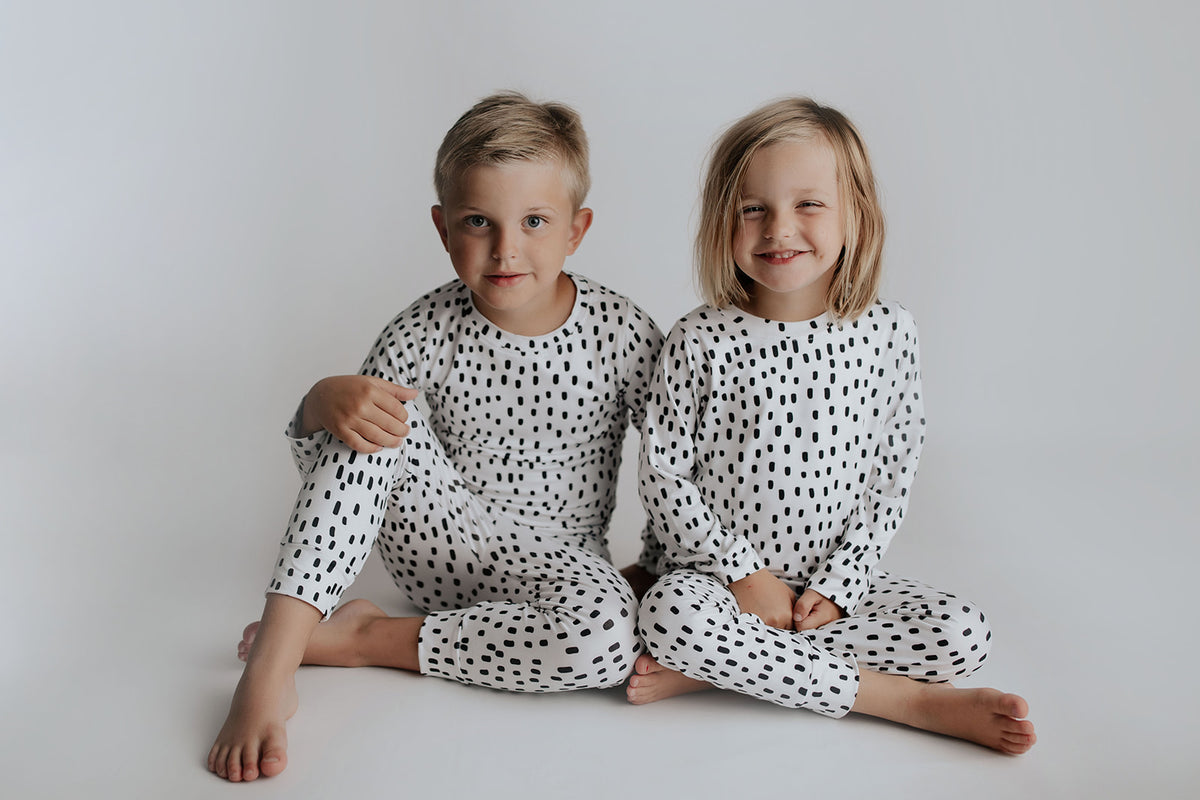 Polka Dot Toddler and big kid jammies in matching prints and solids, designed for comfy bedtime or lounging all day.