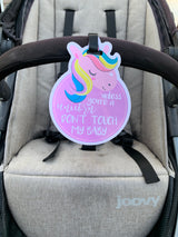 Newborn Unicorn Please Don't Touch My Baby Car Seat Sign on a stroller