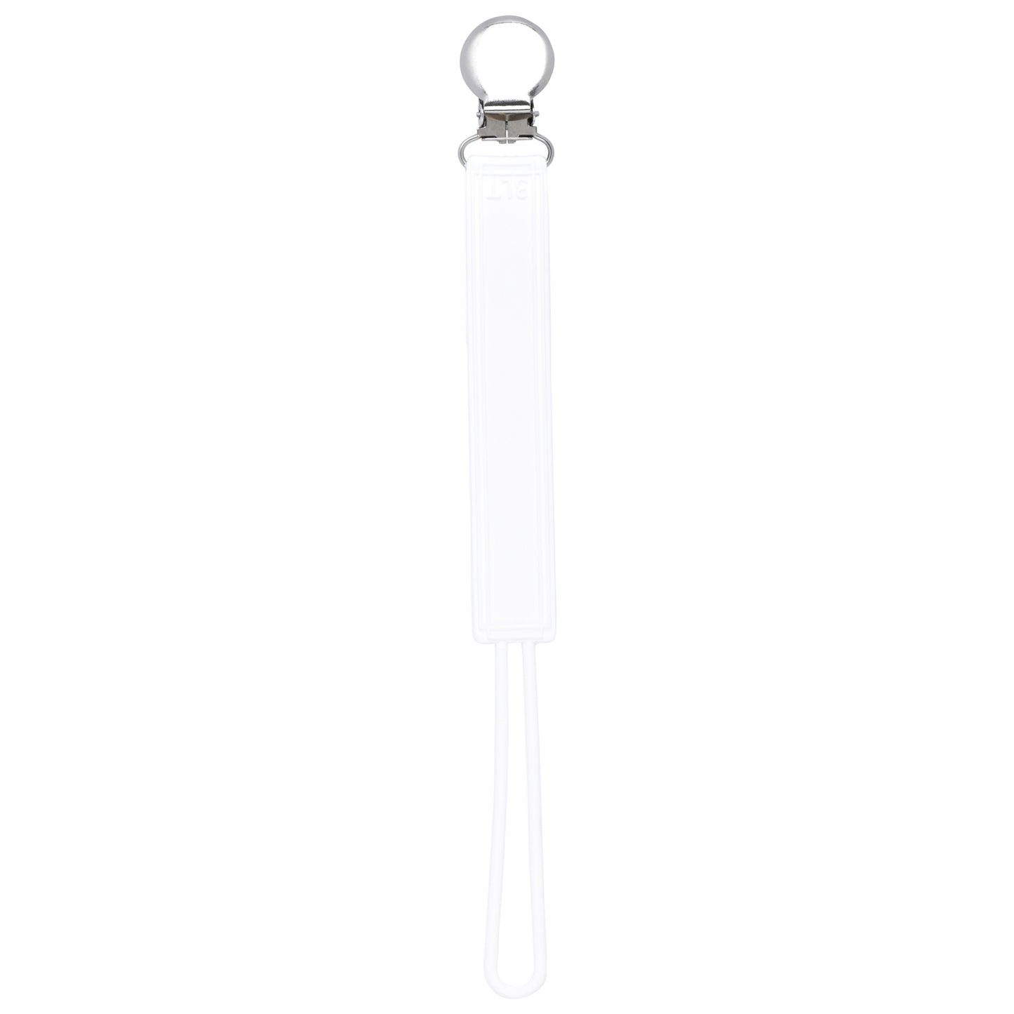 Durable 100% silicone pacifier clips with secure stainless steel clasp keep baby essentials off the ground and always accessible. White.
