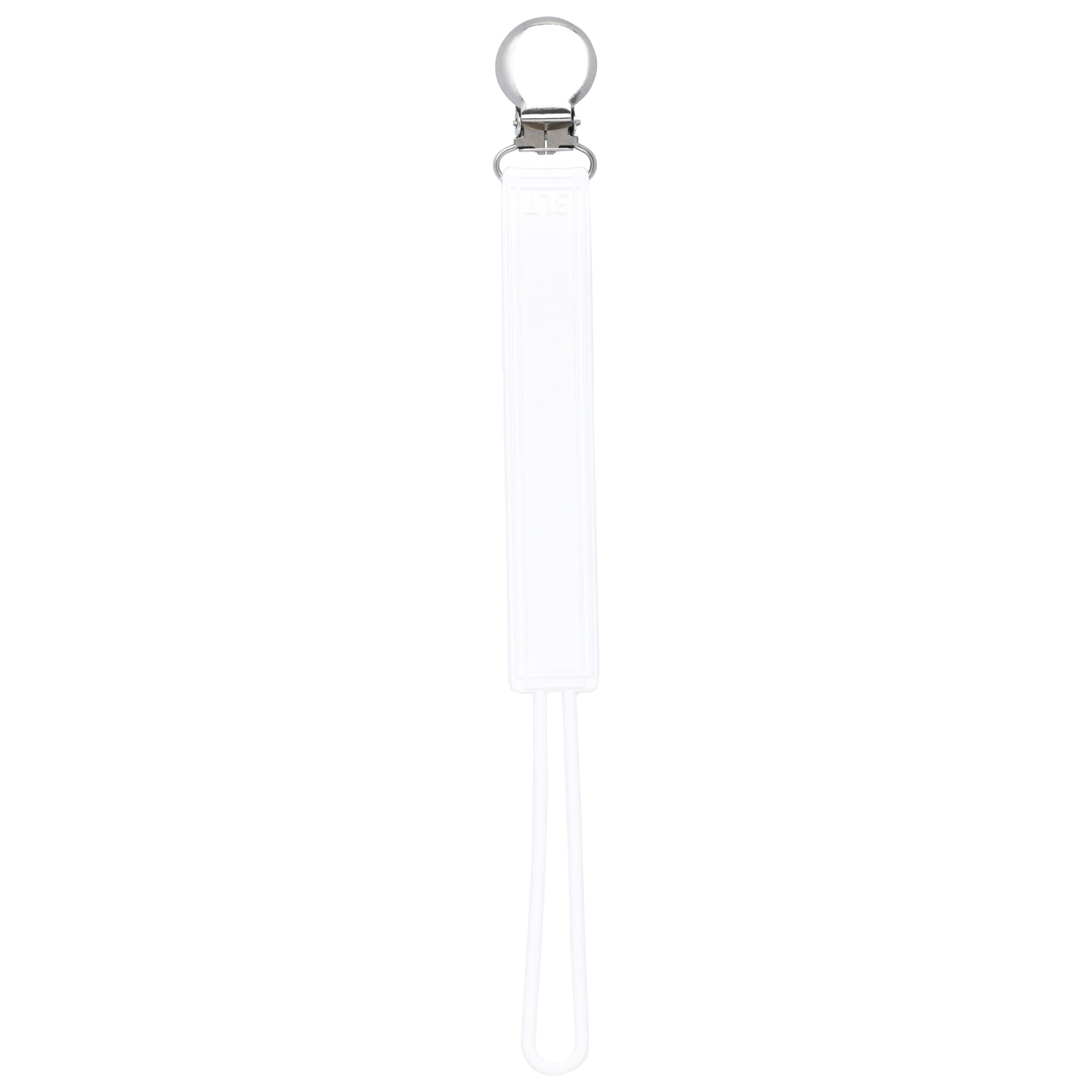Durable 100% silicone pacifier clips with secure stainless steel clasp keep baby essentials off the ground and always accessible. White.