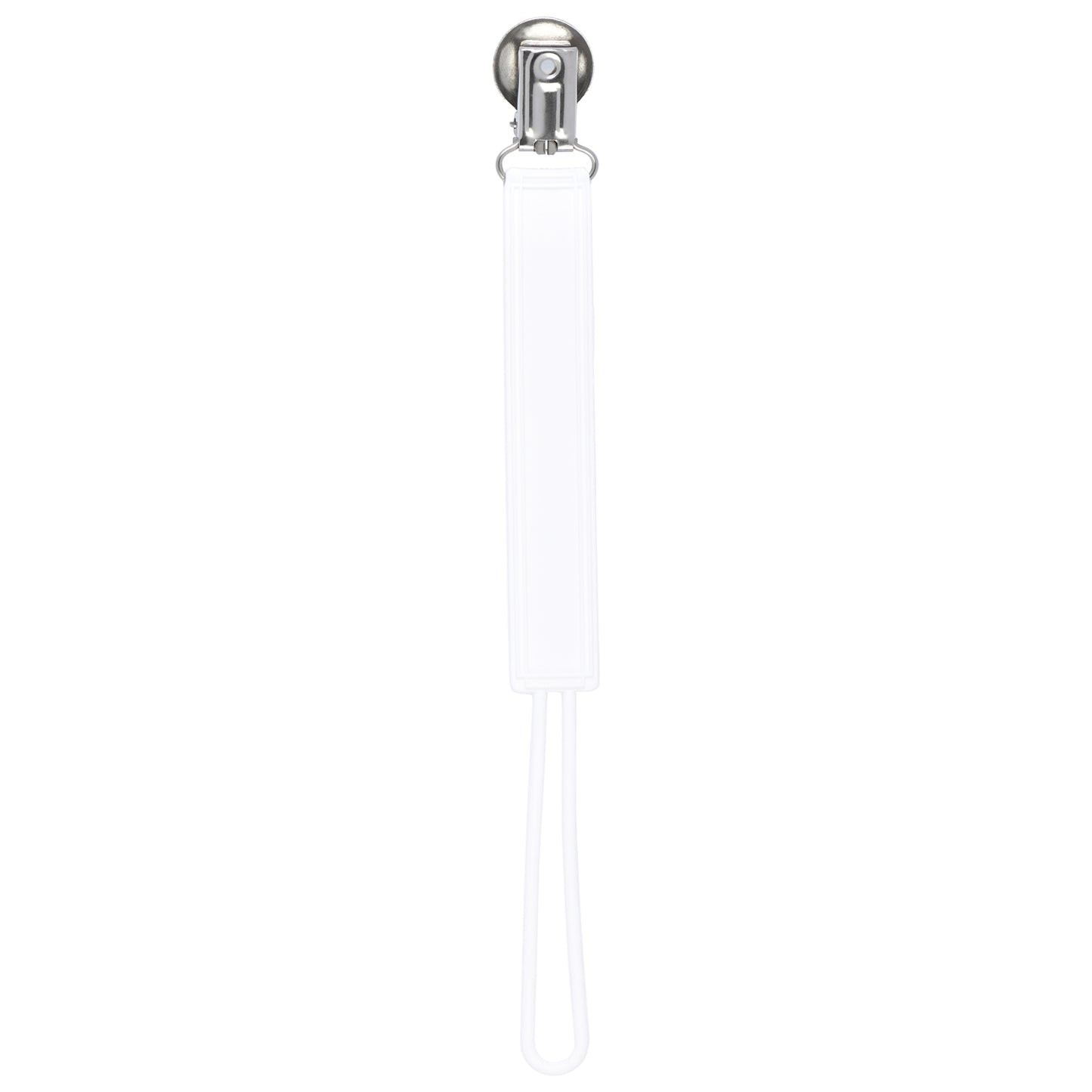 Durable 100% silicone pacifier clips with secure stainless steel clasp keep baby essentials off the ground and always accessible. White