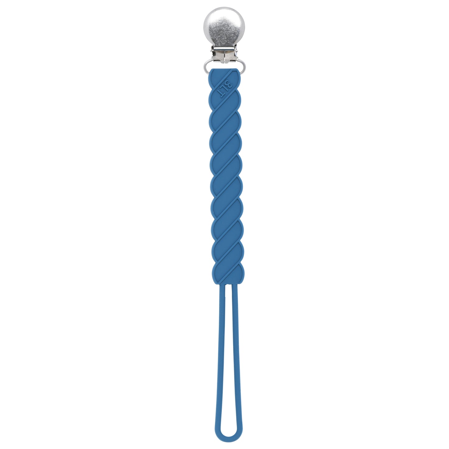 Three Little Tots Blue All Silicone One Piece Pacifier clip that is flexible and easy to clean