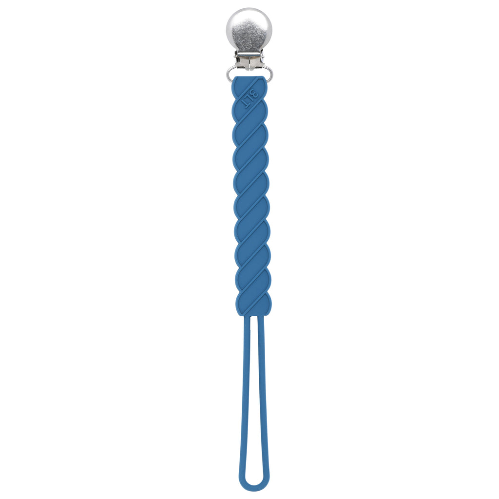 Three Little Tots Blue All Silicone One Piece Pacifier clip that is flexible and easy to clean
