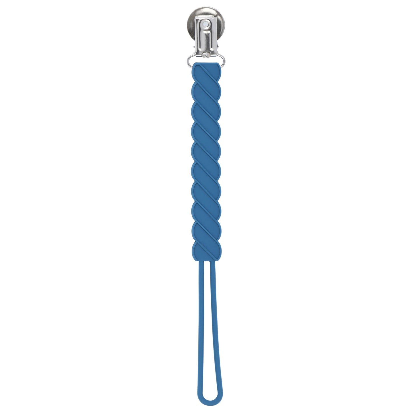 Three Little Tots Blue All Silicone One Piece Pacifier clip that is flexible and easy to clean