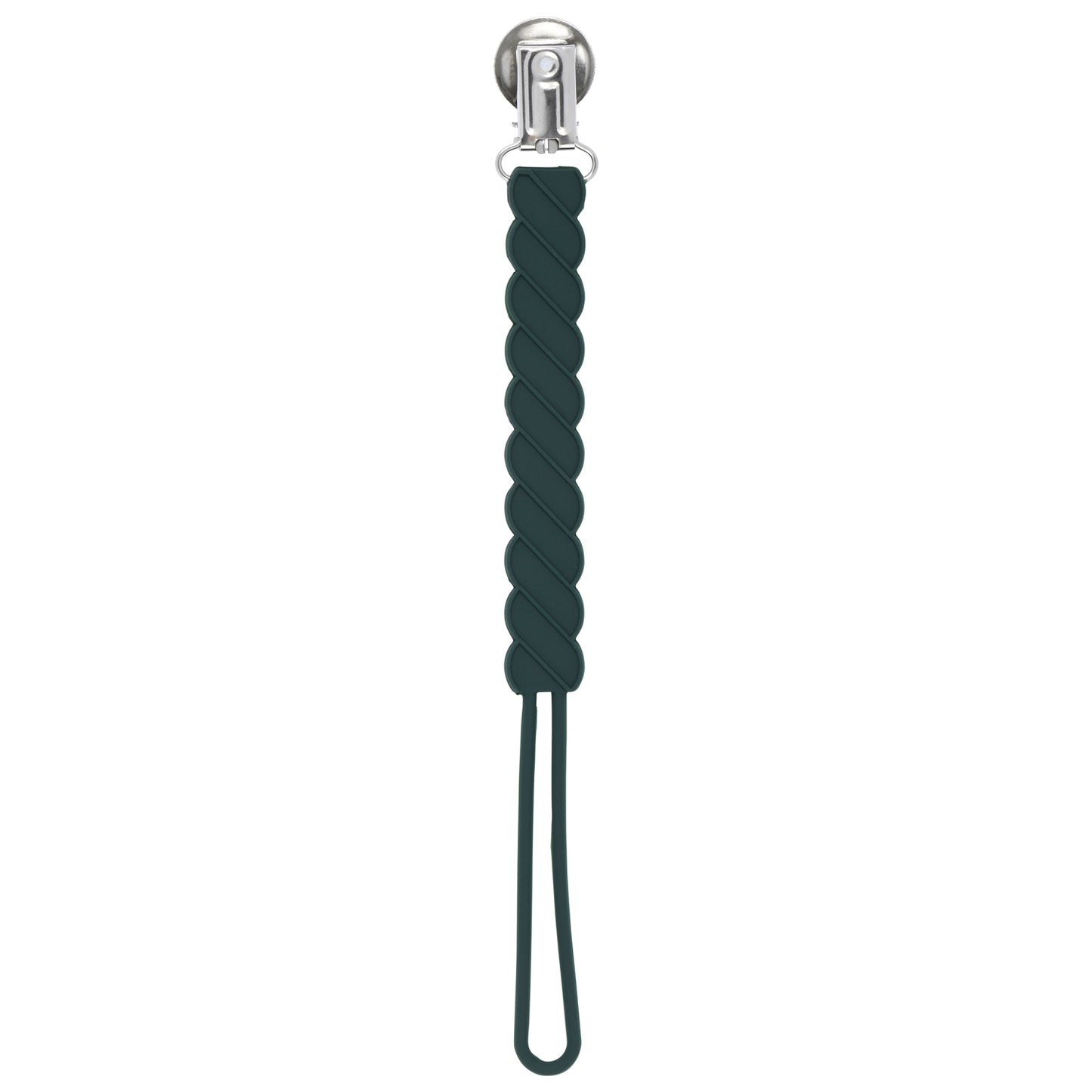 Three Little Tots Hunter Green All Silicone One Piece Pacifier clip. These paci clips are flexible and easy to clean