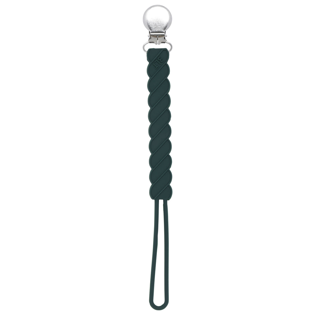 Three Little Tots Hunter Green All Silicone One Piece Pacifier clip. These paci clips are flexible and easy to clean