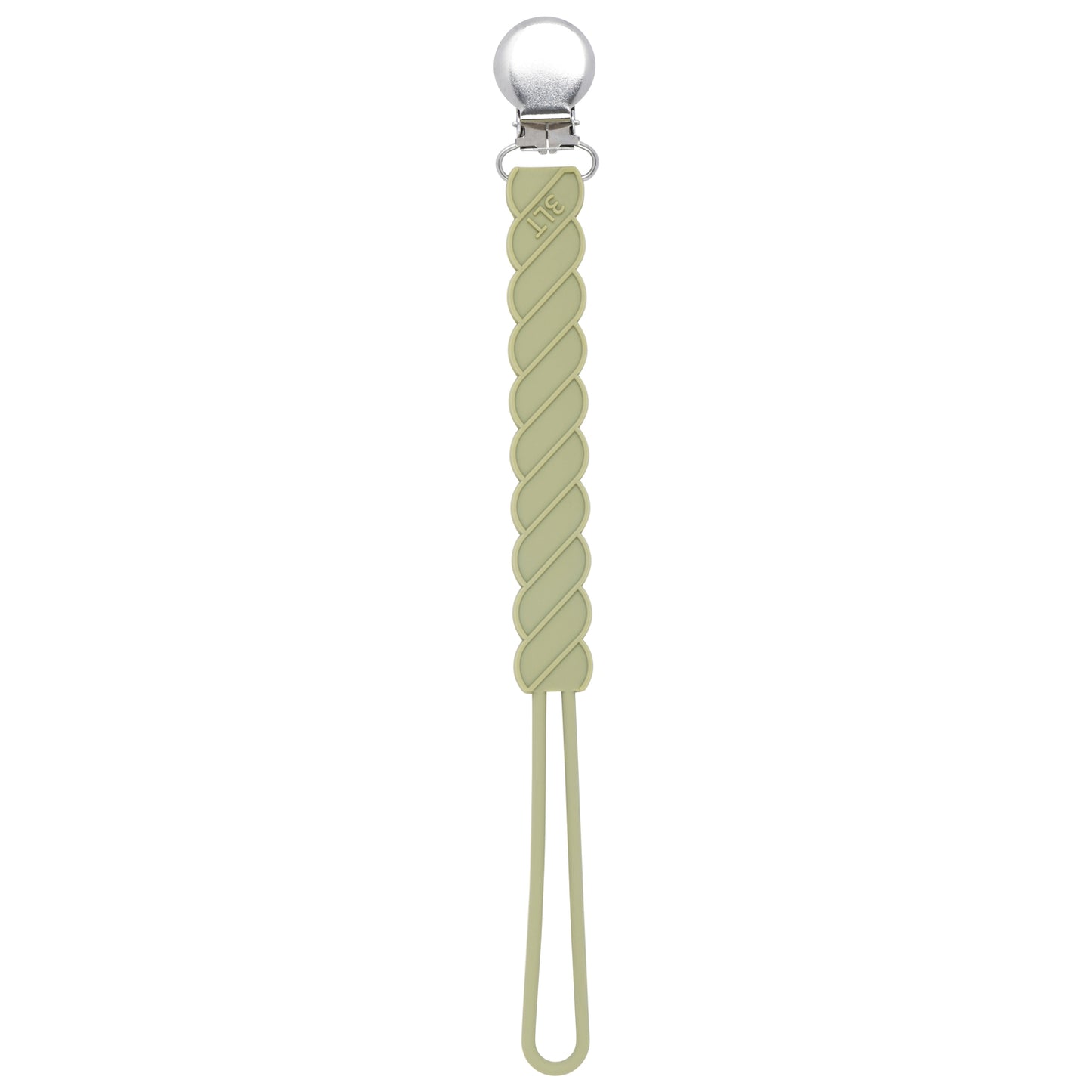 Three Little Tots Olive Green All Silicone One Piece modern pacifier clip. This paci clip is flexible and easy to wash.