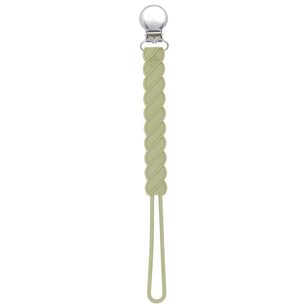 Three Little Tots Olive Green All Silicone One Piece modern pacifier clip. This paci clip is flexible and easy to wash.