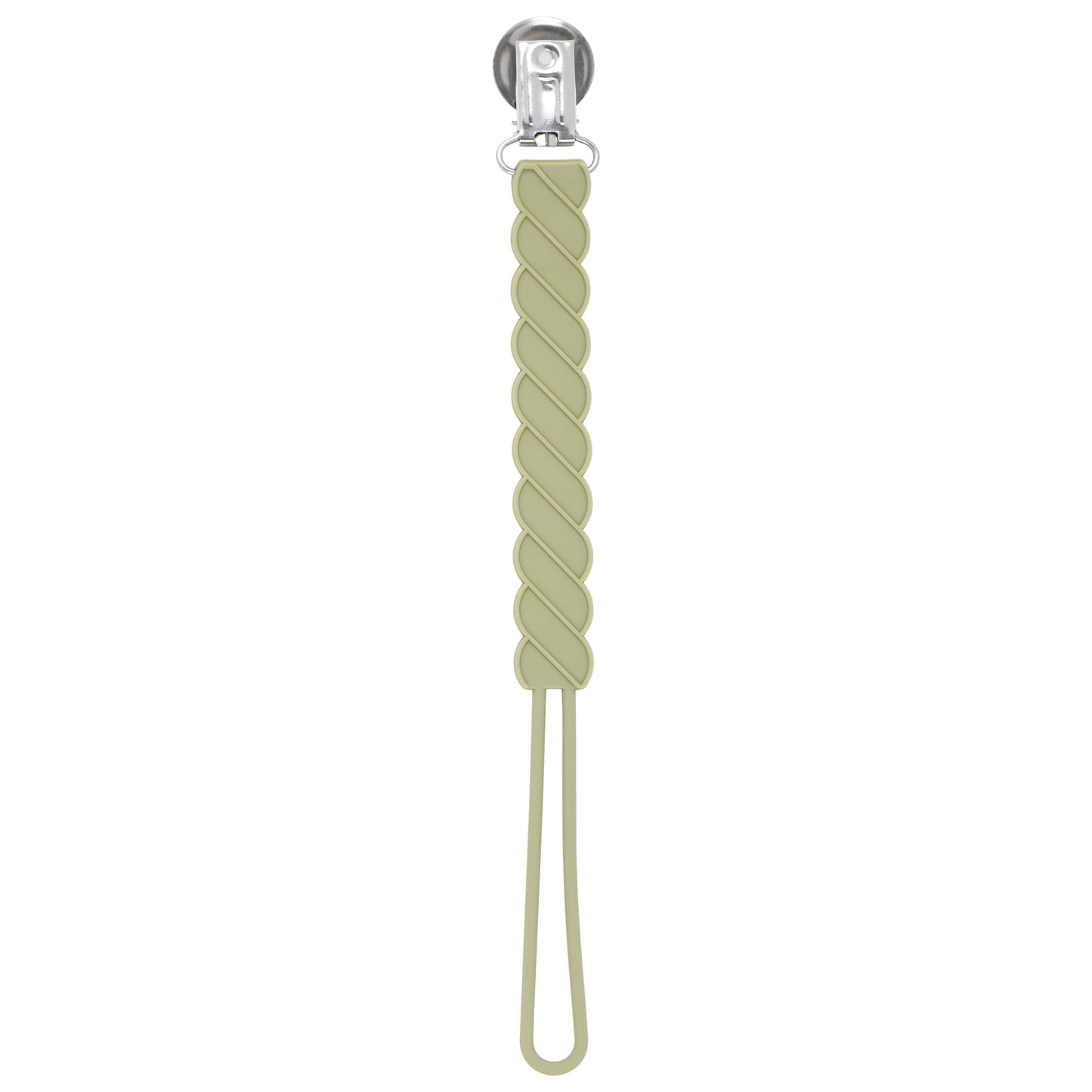 Three Little Tots Olive Green All Silicone One Piece modern pacifier clip. This paci clip is flexible and easy to wash.