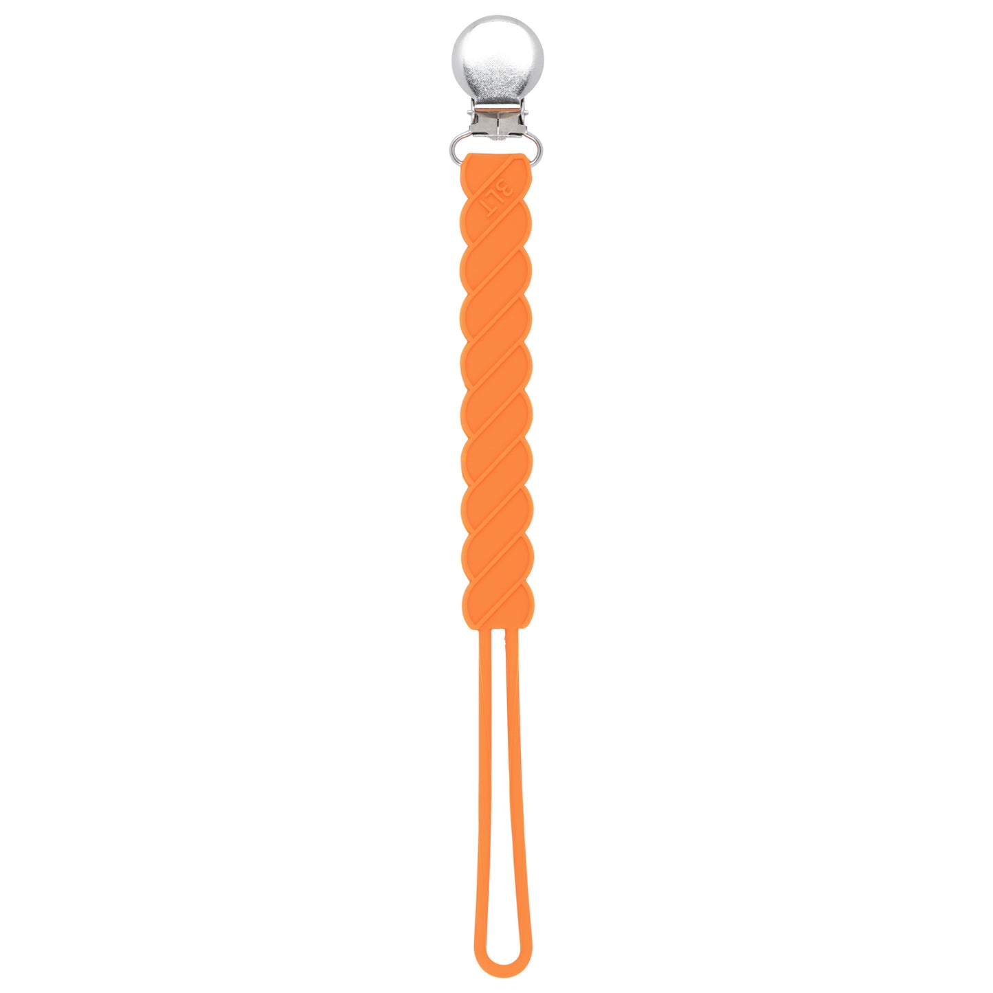 Three Little Tots Orange All silicone one piece pacifier clip. This paci clip is flexible and easy to clean.