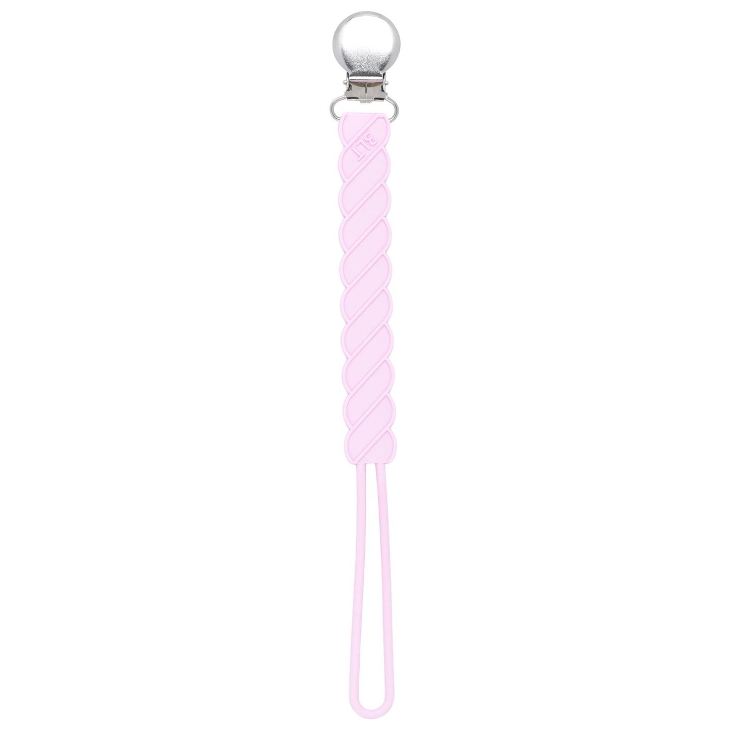 Three Little Tots Light Pink all silicone one piece pacifier clip. This paci clip is flexible and easy to clean.