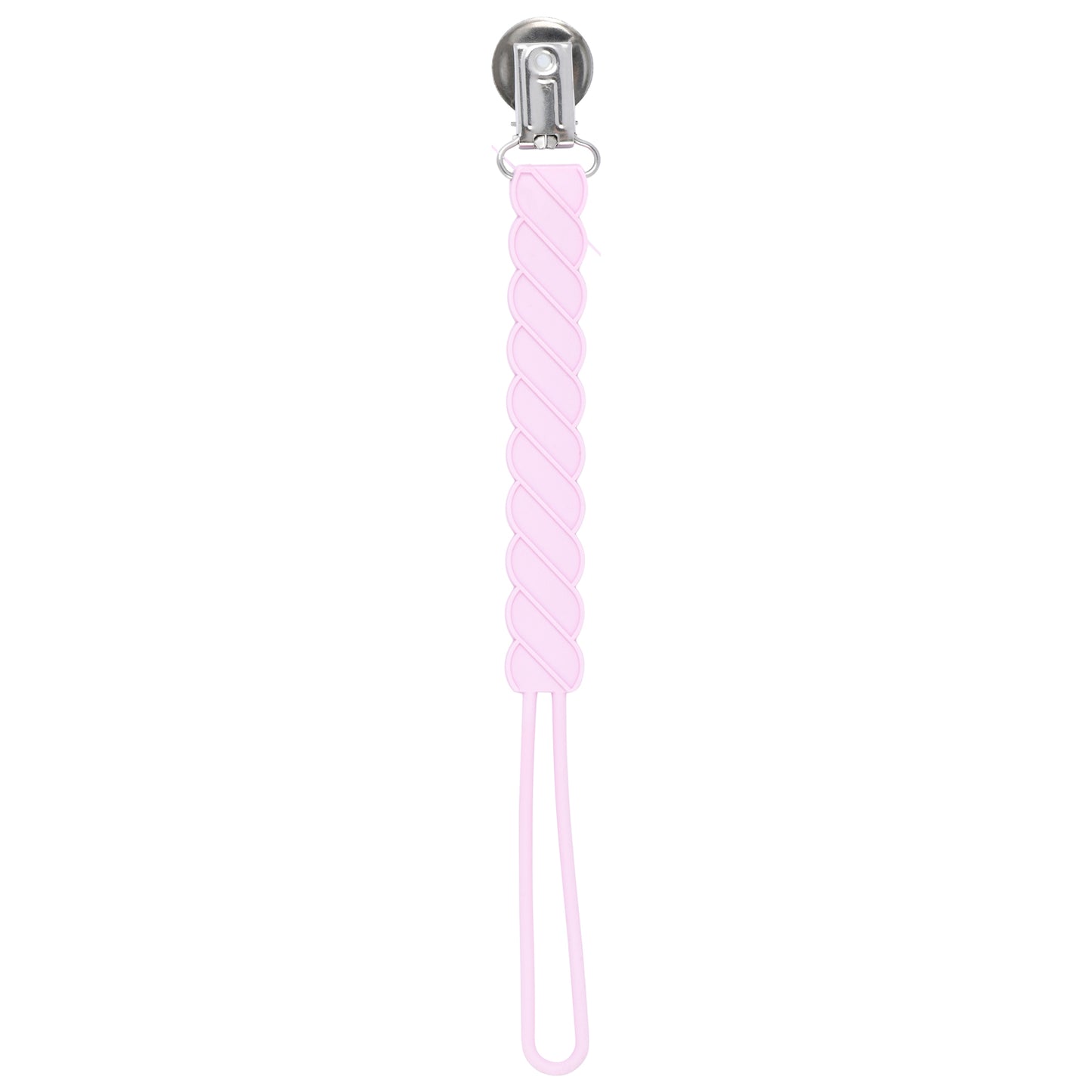 Three Little Tots Light Pink all silicone one piece pacifier clip. This paci clip is flexible and easy to clean.