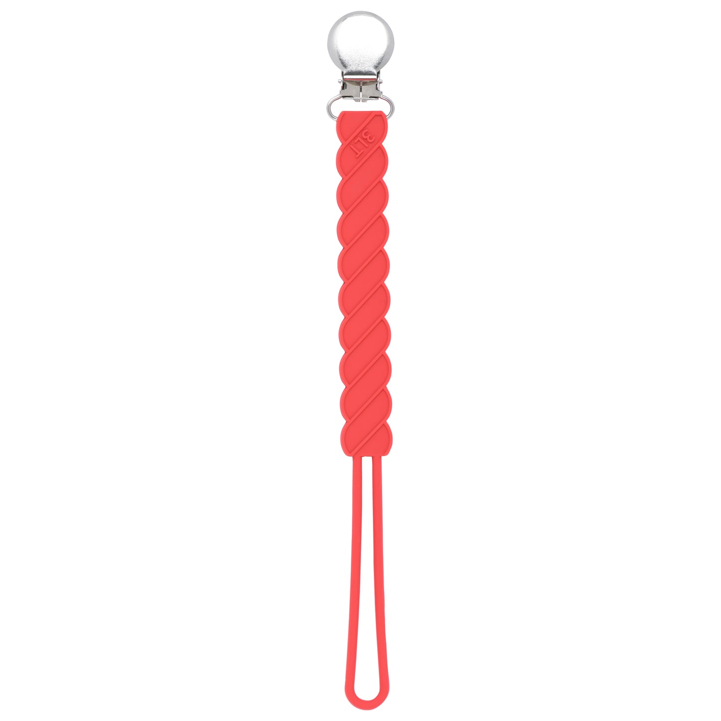 Three Little Tots Red all silicone one piece pacifier clip. This pacifier clip is flexible and easy to clean.