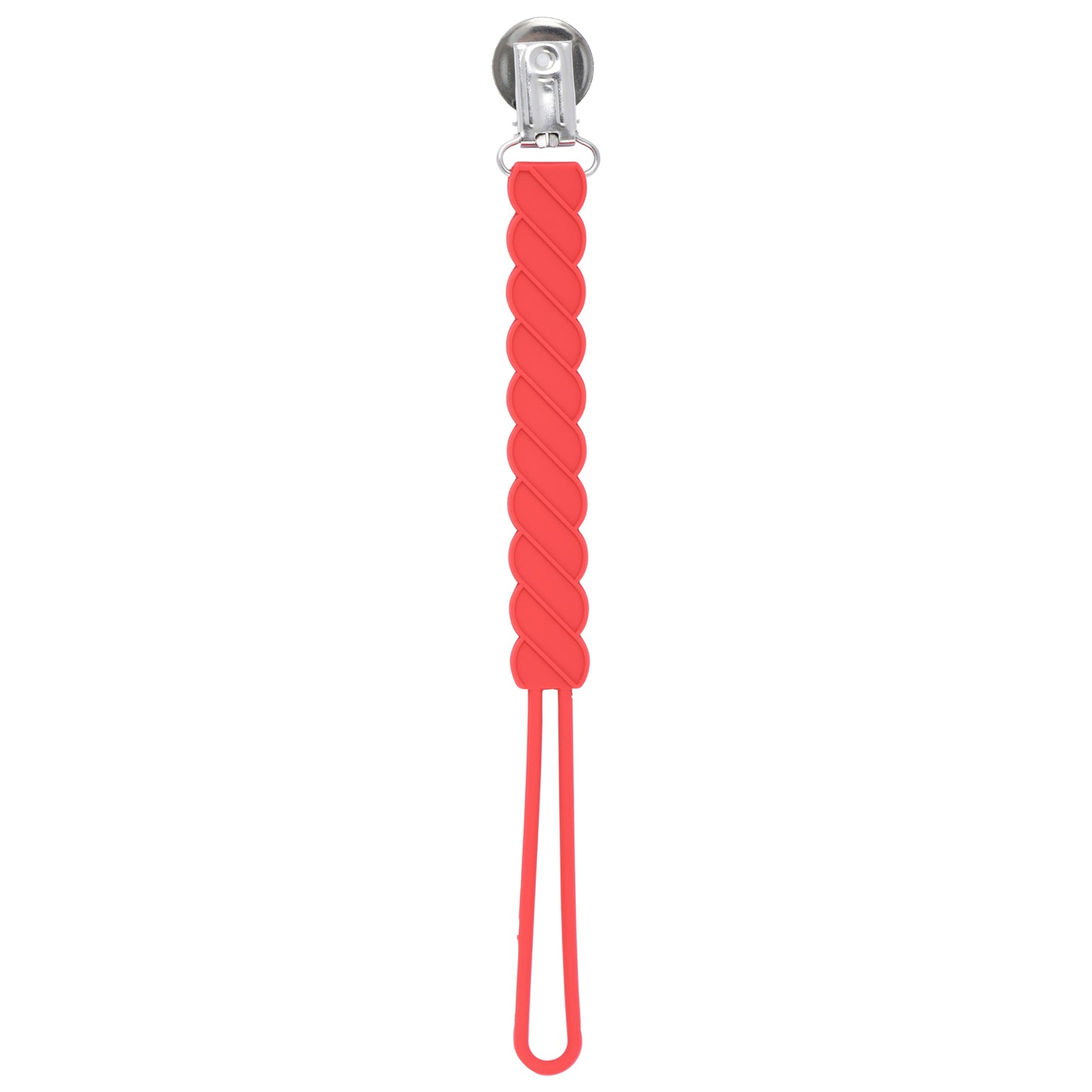 Three Little Tots Red all silicone one piece pacifier clip. This pacifier clip is flexible and easy to clean.