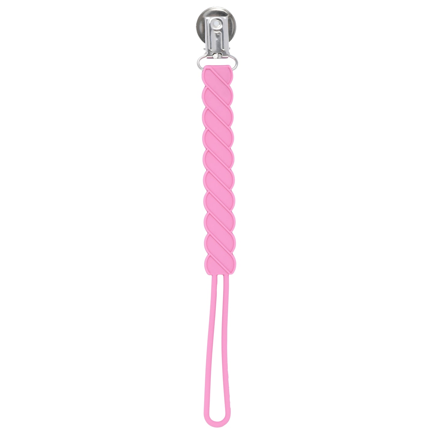 Three Little Tots Rose Pink all silicone one piece pacifier clip. This paci clip is flexible and easy to clean