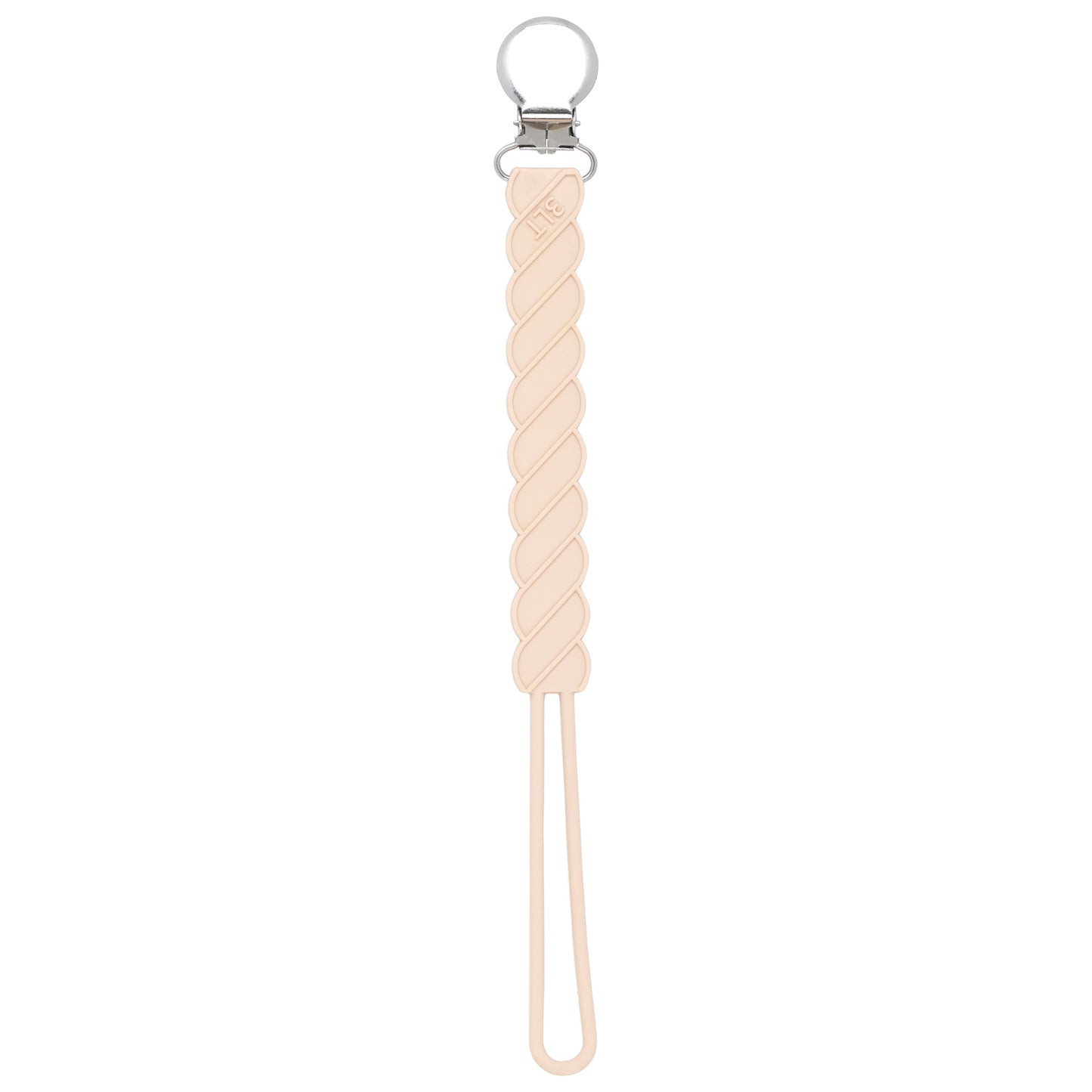 Three Little Tots Tan Neutral all silicone one piece pacifier clip. This paci clip is flexible and easy to wash.