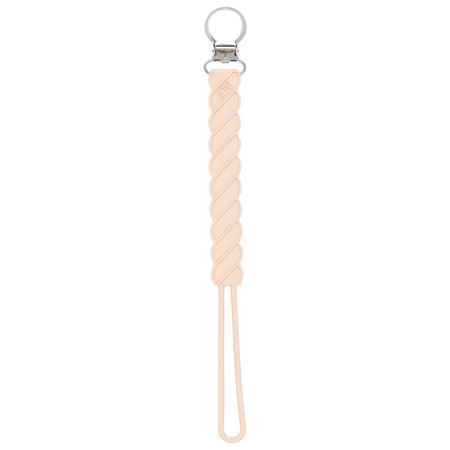 Three Little Tots Tan Neutral all silicone one piece pacifier clip. This paci clip is flexible and easy to wash.