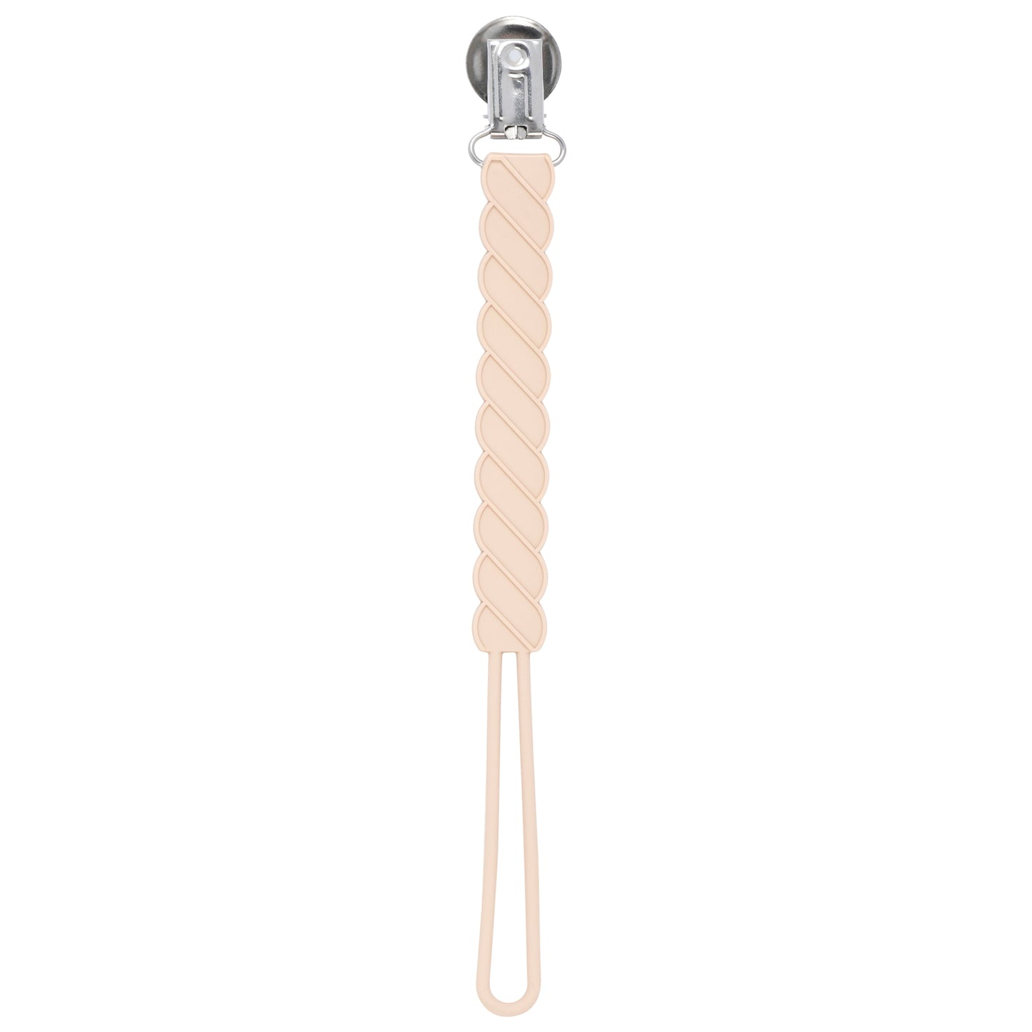 Three Little Tots Tan Neutral all silicone one piece pacifier clip. This paci clip is flexible and easy to wash.