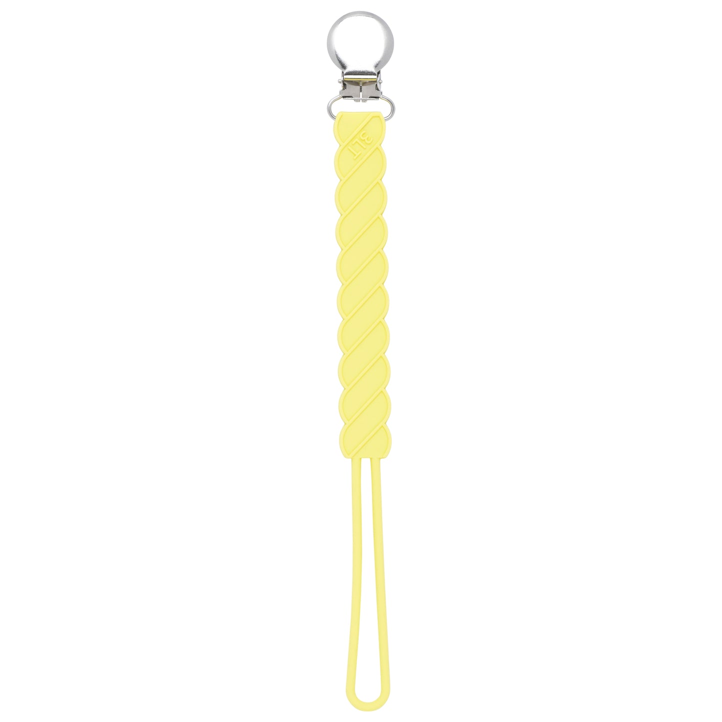 Three Little Tots baby yellow all silicone one piece pacifier clip. This pacifier clip is flexible and easy to clean.