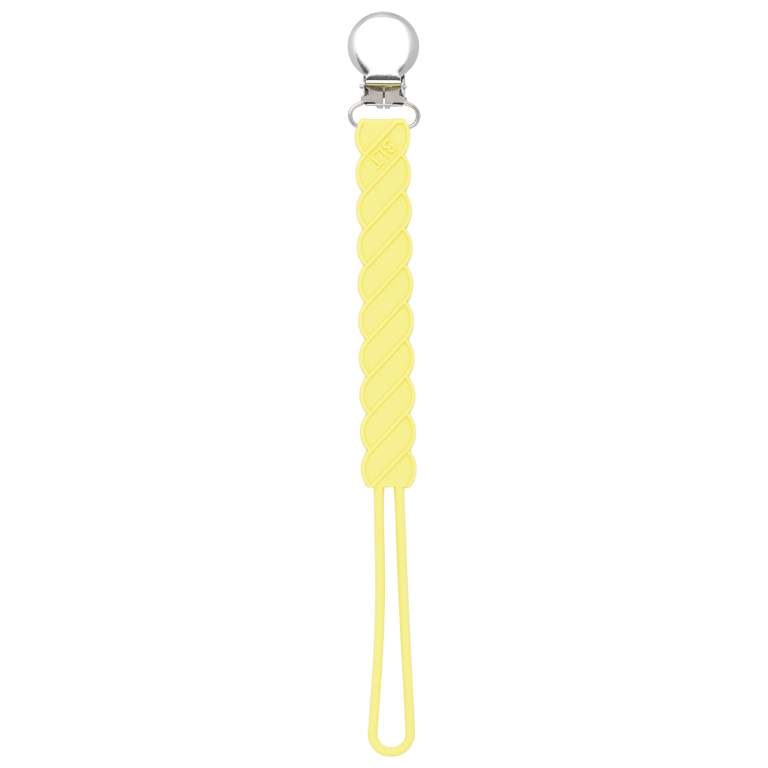 Three Little Tots baby yellow all silicone one piece pacifier clip. This pacifier clip is flexible and easy to clean.