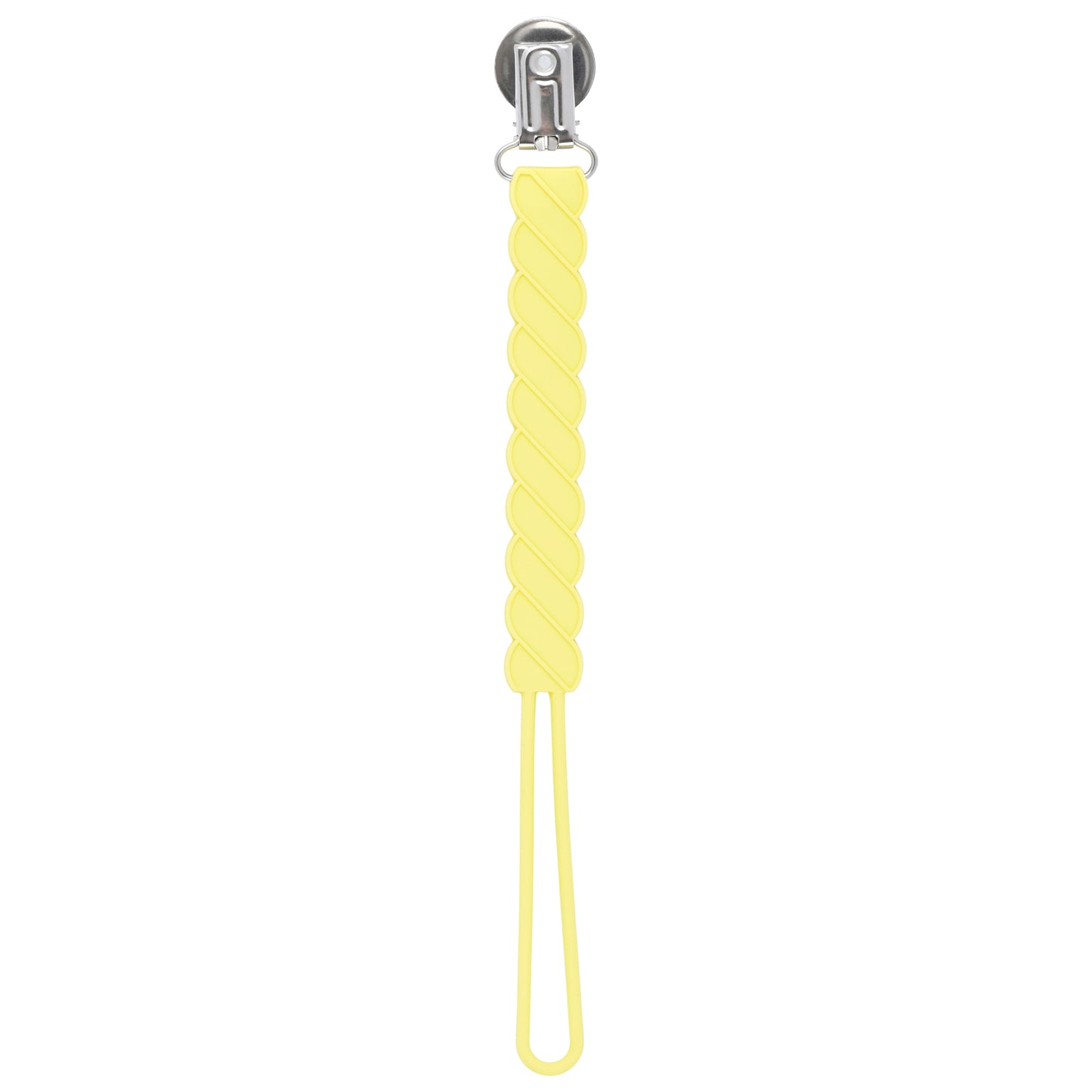 Three Little Tots baby yellow all silicone one piece pacifier clip. This pacifier clip is flexible and easy to clean.