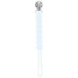 Three Little Tots baby blue all silicone one piece pacifier clip. This paci clip is flexible and easy to clean.