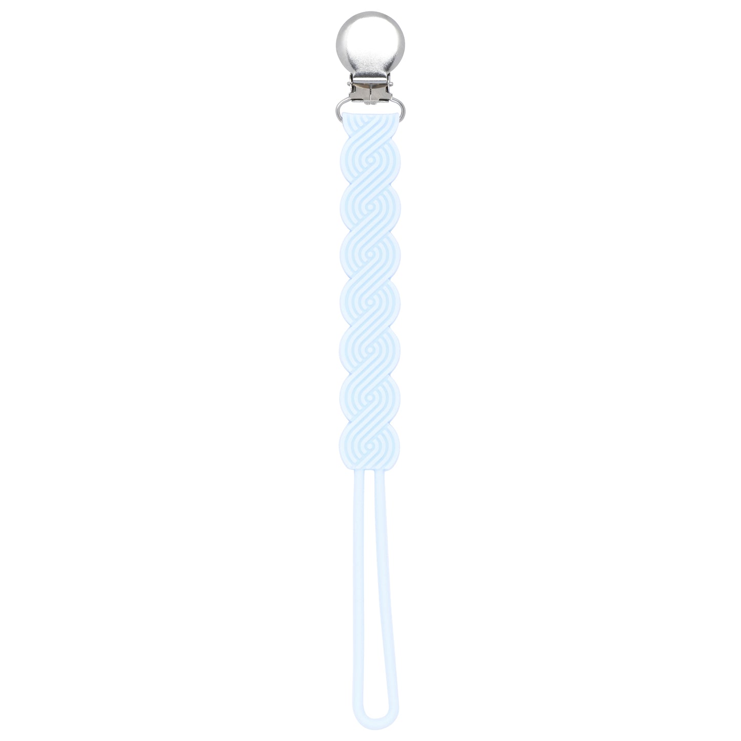 Three Little Tots baby blue all silicone one piece pacifier clip. This paci clip is flexible and easy to clean.