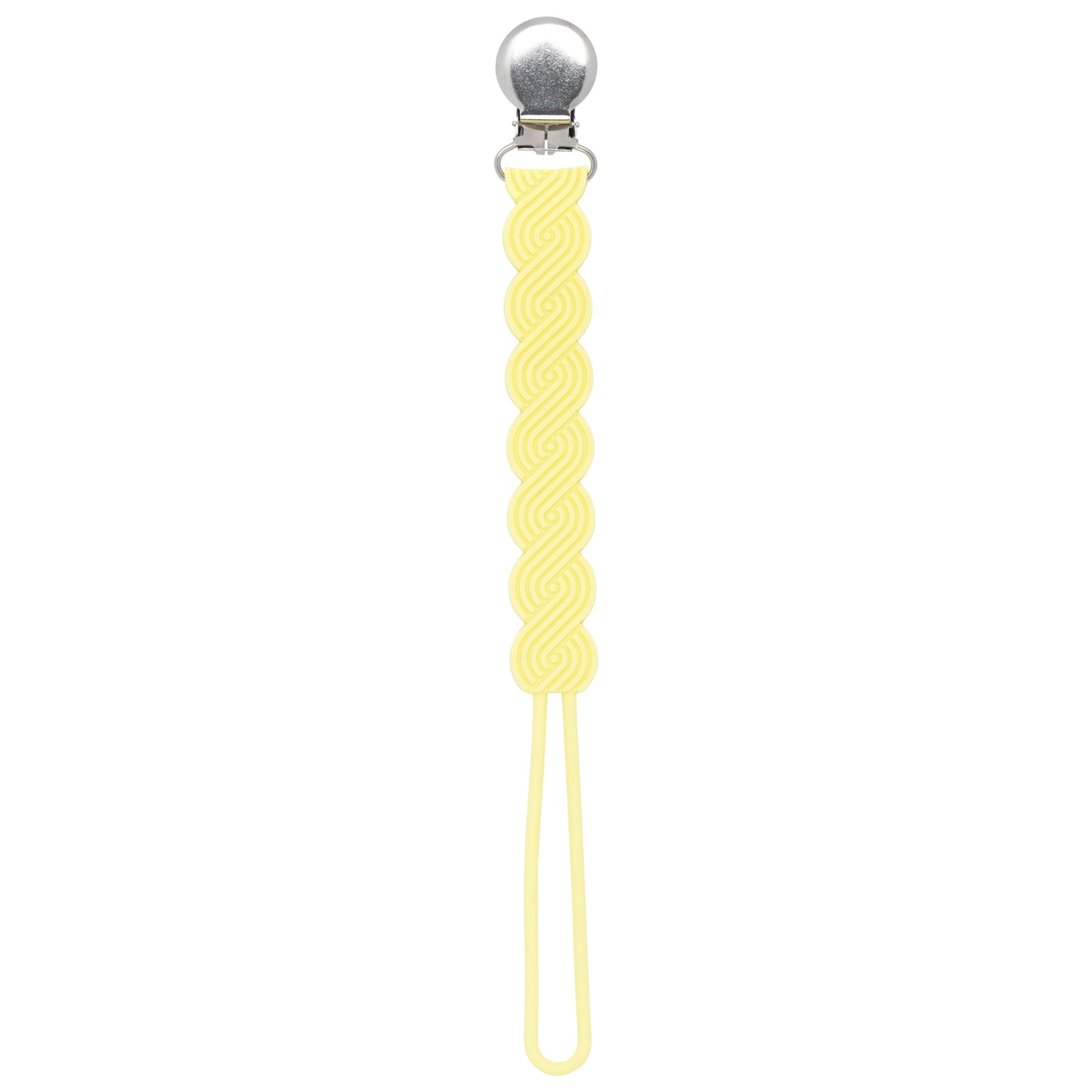 Three Little Tots baby yellow all silicone one piece pacifier clip. This paci clip is flexible and easy to clean