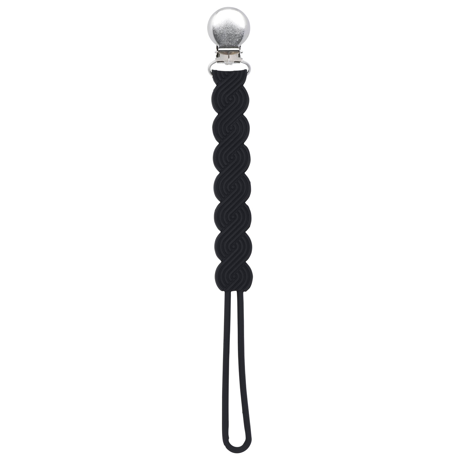 Three Little Tots Black all silicone pacifier clip. These one piece paci clip are flexible and easy to clean.