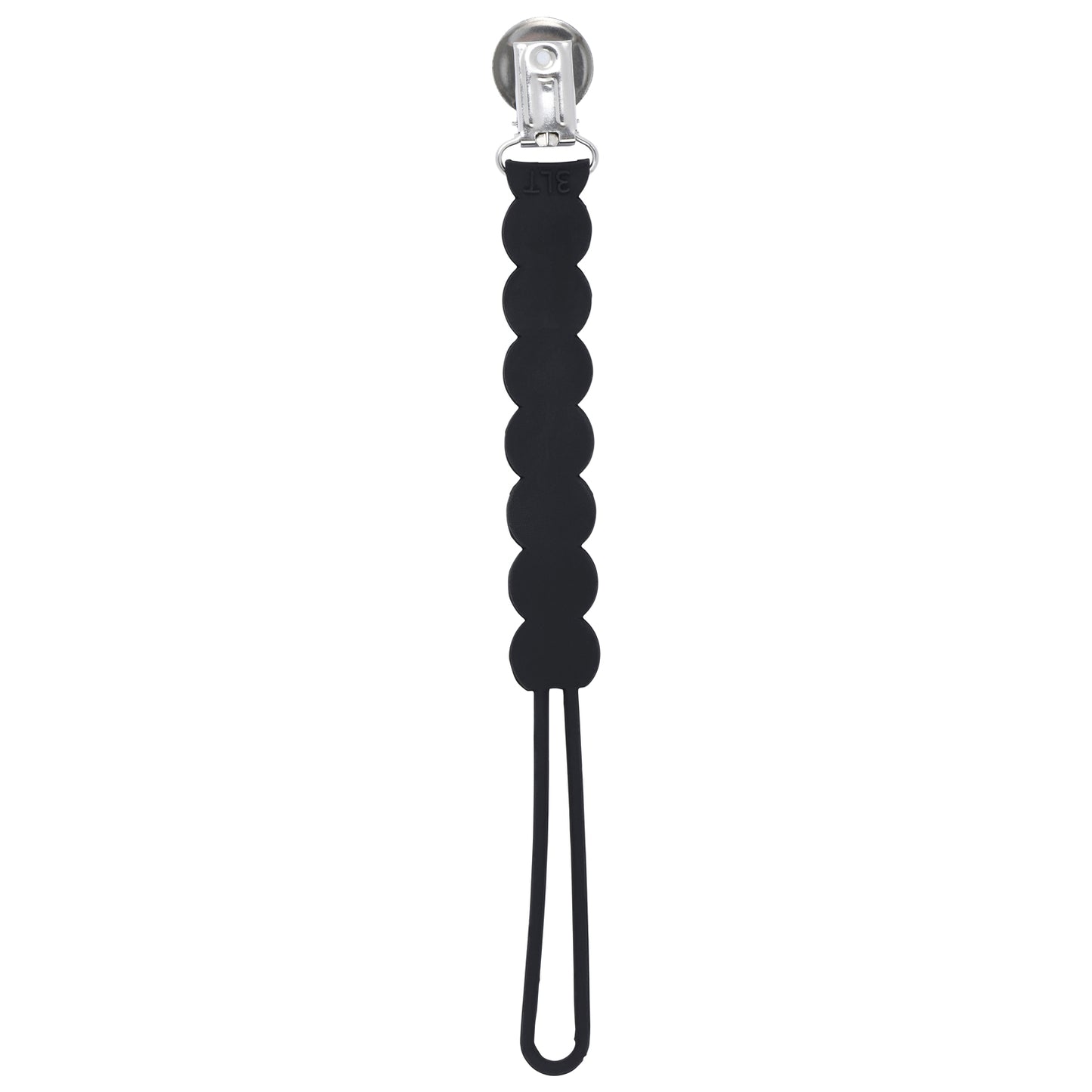 Three Little Tots Black all silicone pacifier clip. These one piece paci clip are flexible and easy to clean.