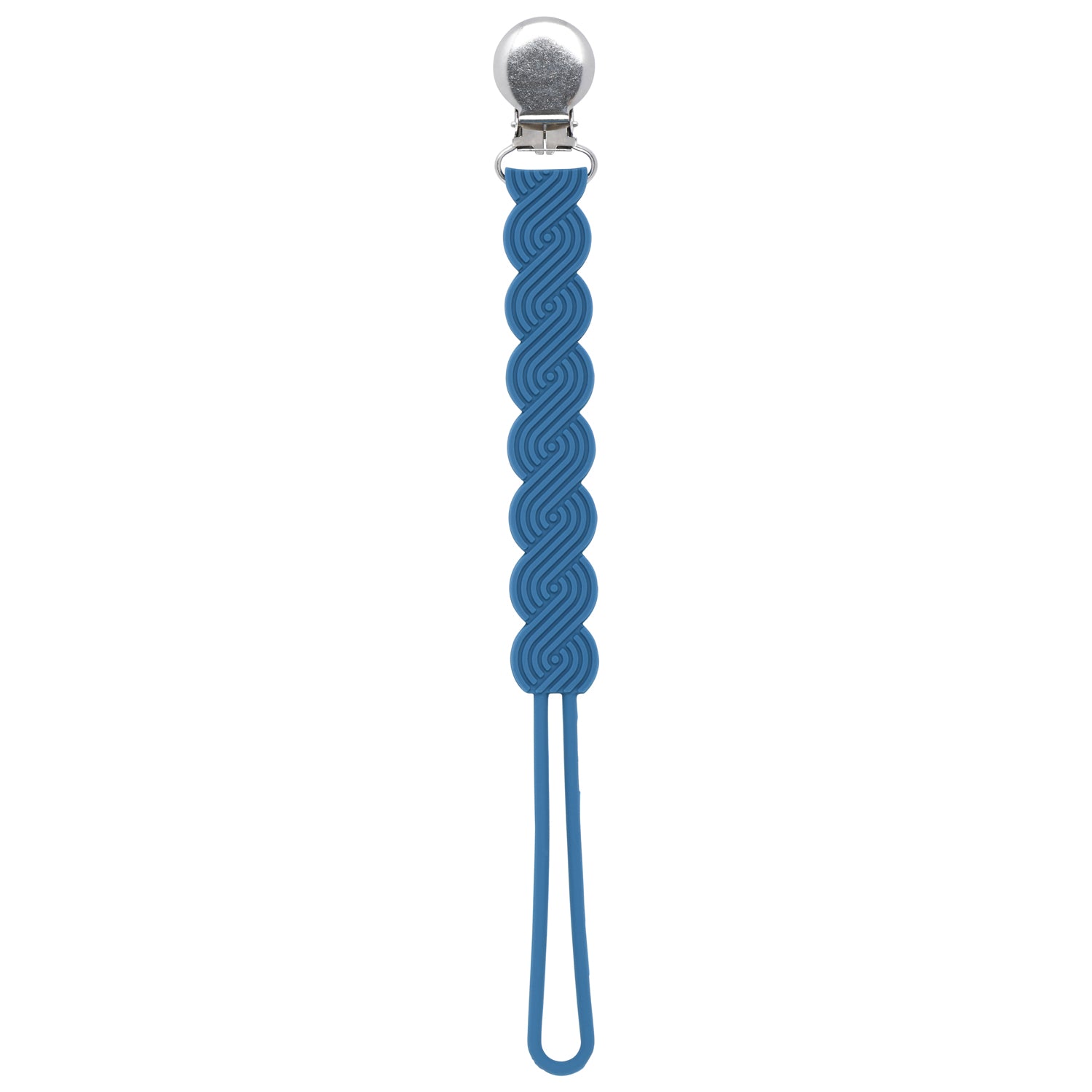 Three Little Tots blue all silicone one piece pacifier clip. This paci clip is flexible and easy to clean.