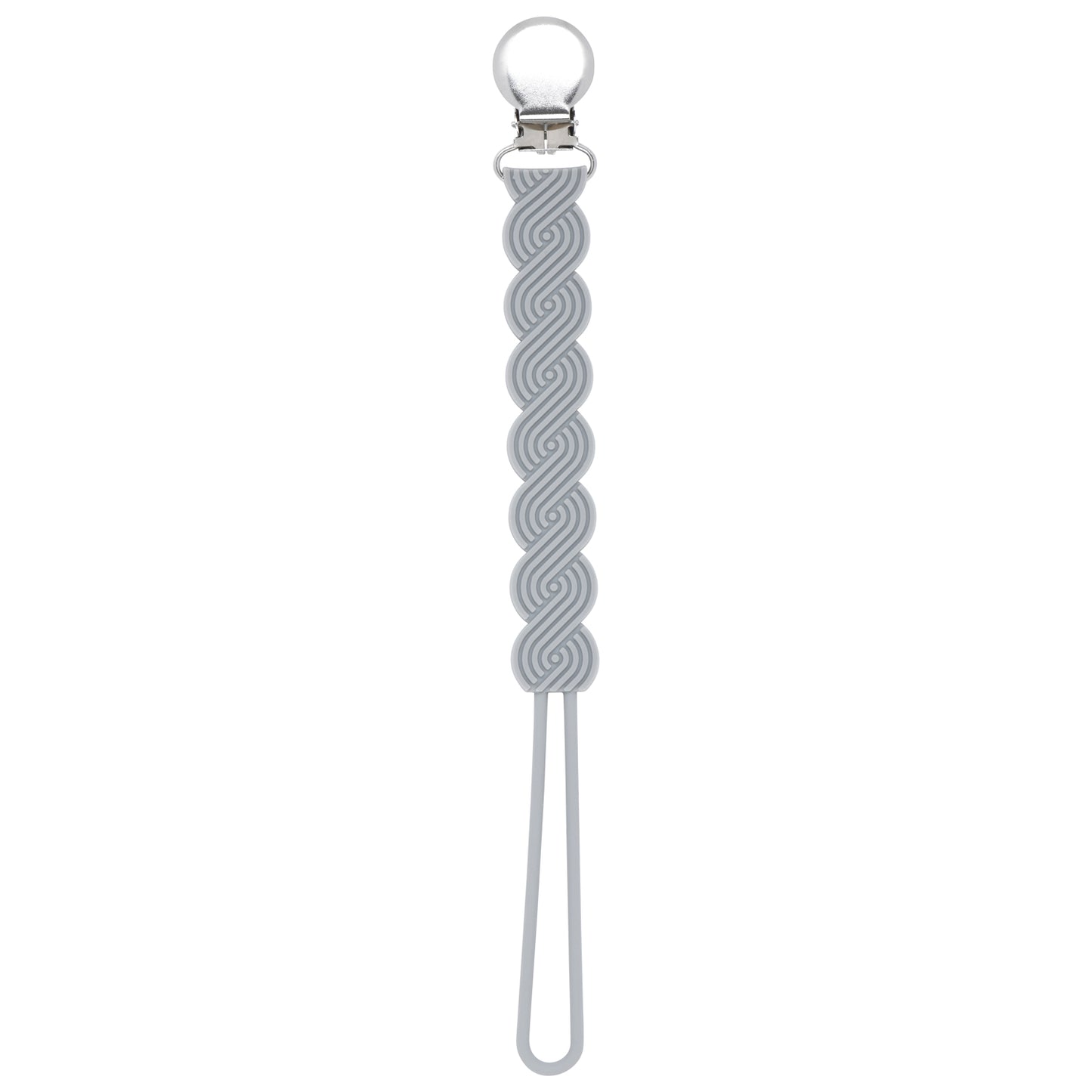 Three Little Tots Gray All silicone one piece pacifier clip. This paci clip is flexible and easy to clean.