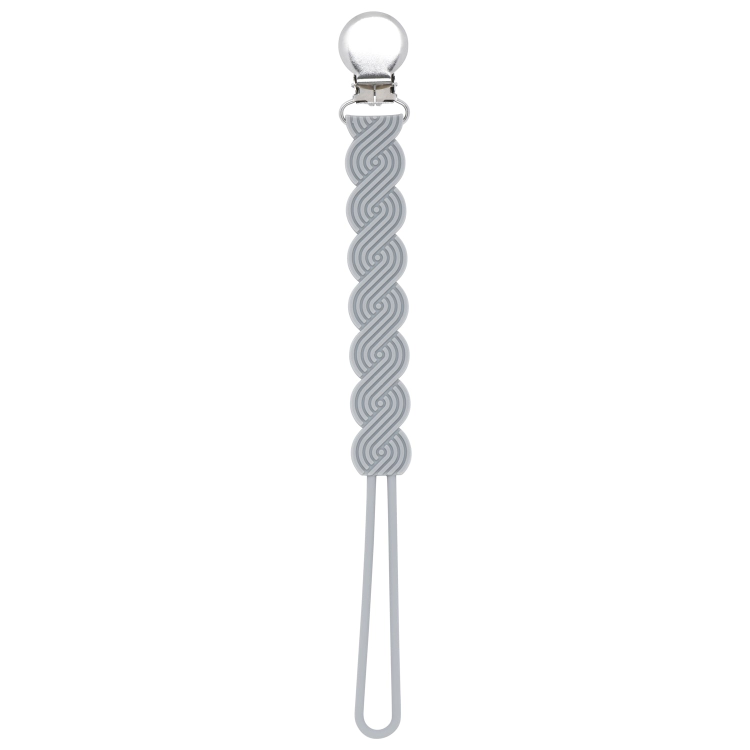 Three Little Tots Gray All silicone one piece pacifier clip. This paci clip is flexible and easy to clean.