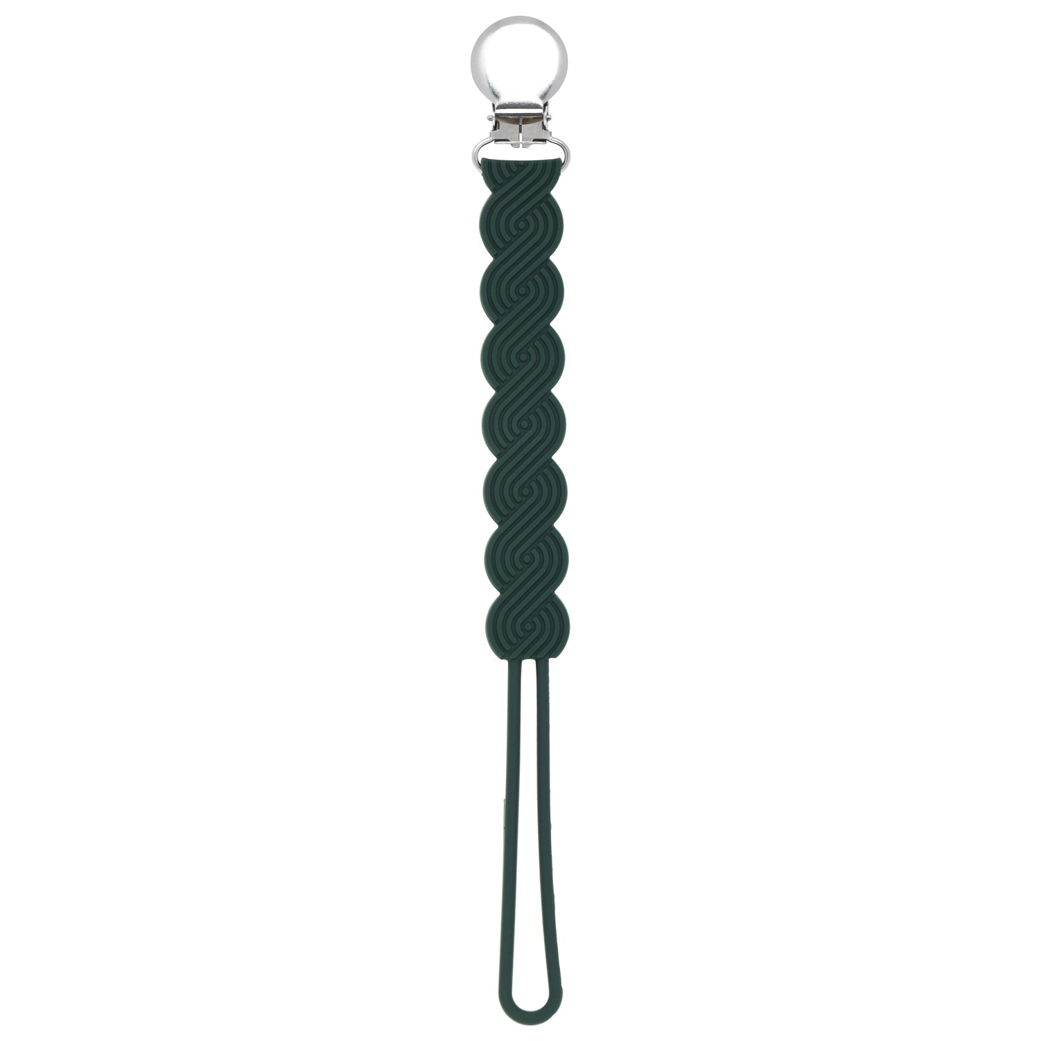 Three Little Tots hunter green all silicone one piece pacifier clip. This paci clip is flexible and easy to clean.