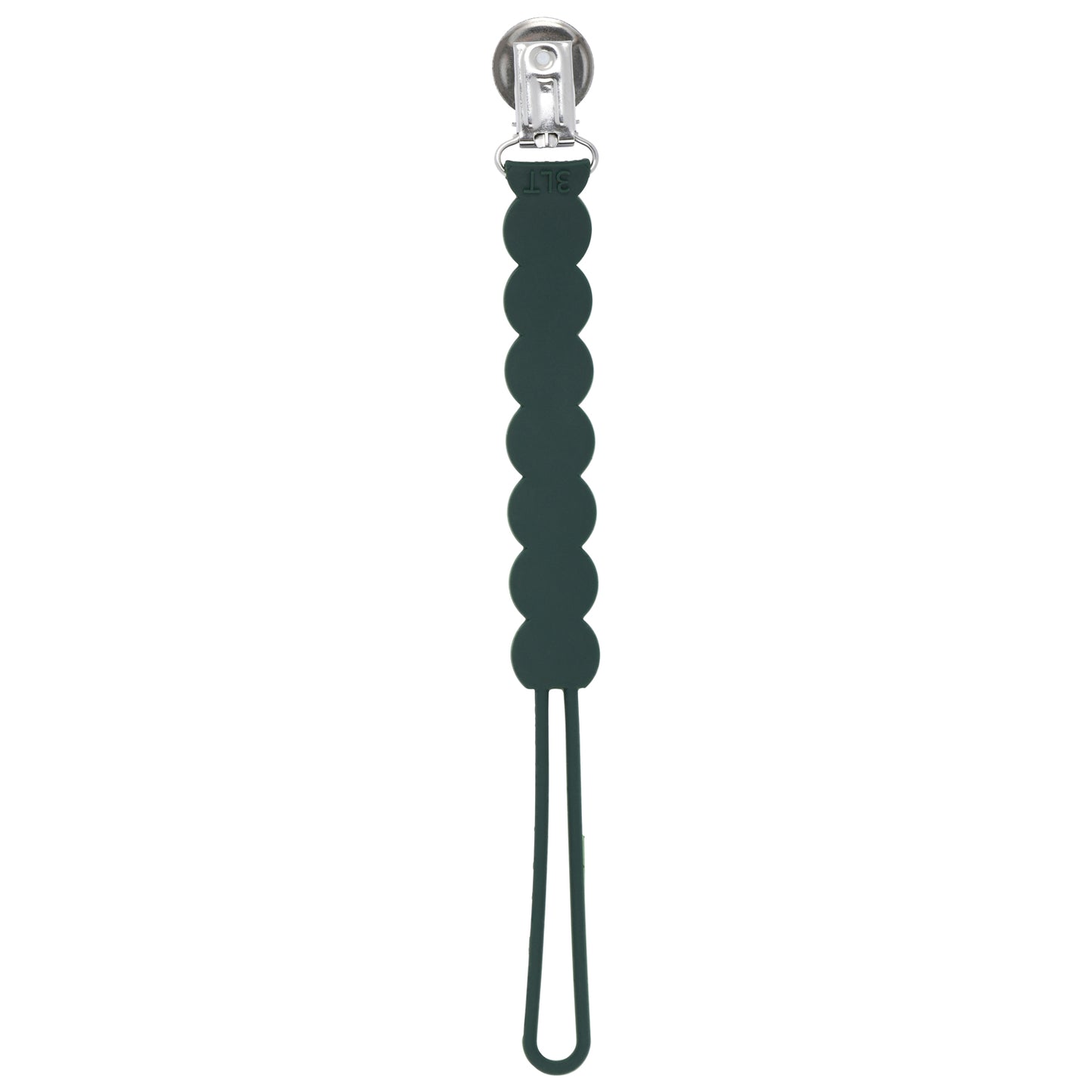 Three Little Tots hunter green all silicone one piece pacifier clip. This paci clip is flexible and easy to clean.