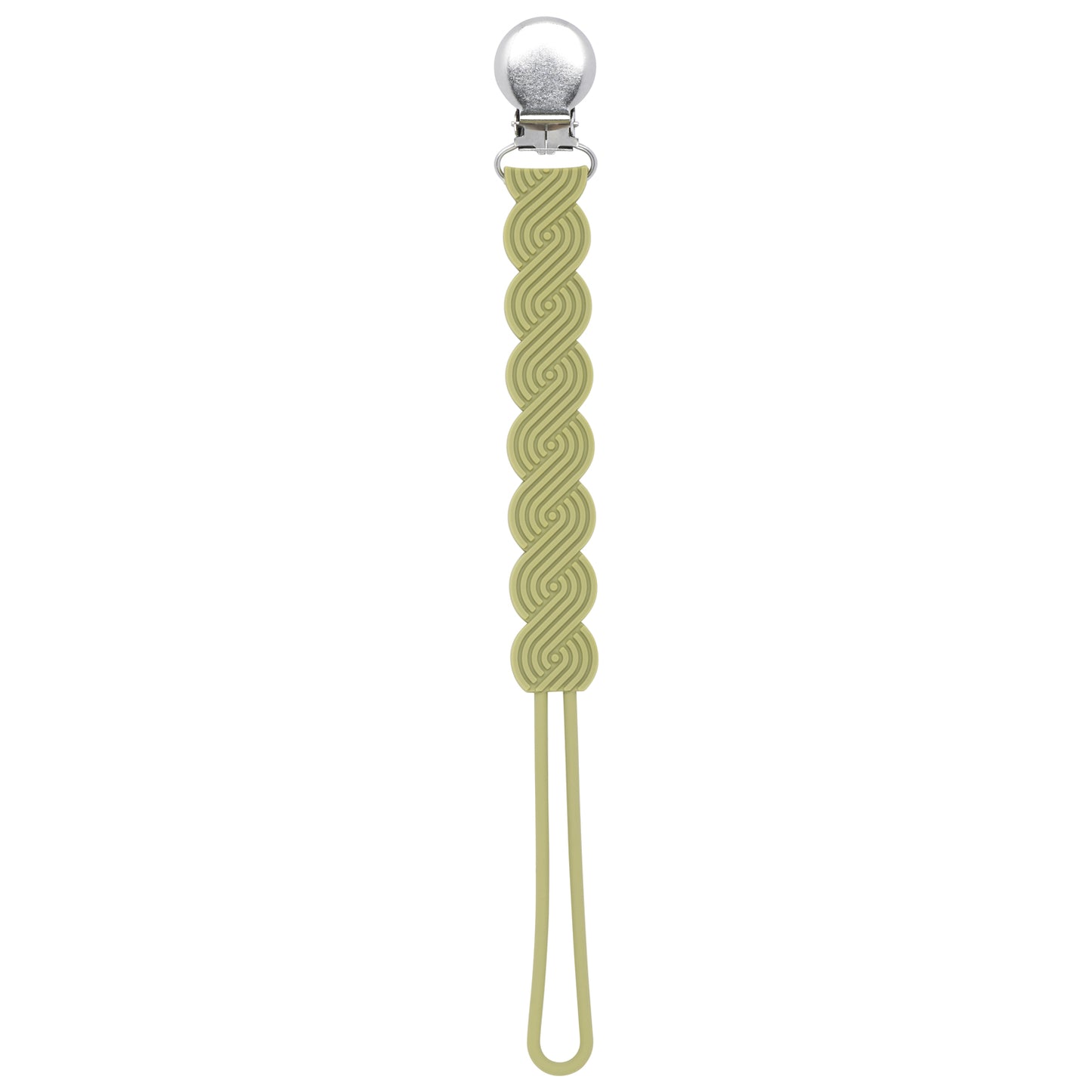 Three Little Tots Olive Green all silicone pacifier clip. These paci clips are flexible and easy to clean