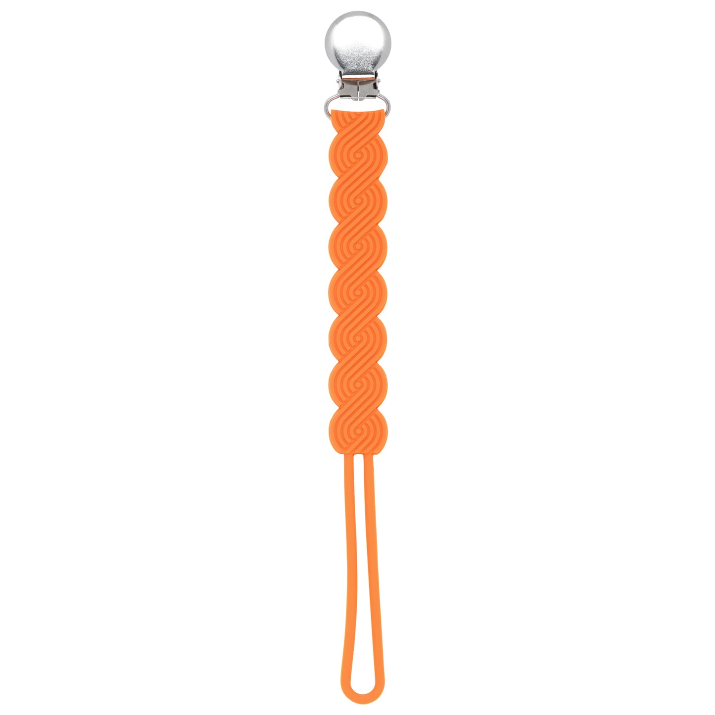 Three Little Tots Orange All Silicone one piece pacifier clip. This pacifier clip is flexible and easy to clean.