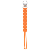 Three Little Tots Orange All Silicone one piece pacifier clip. This pacifier clip is flexible and easy to clean.