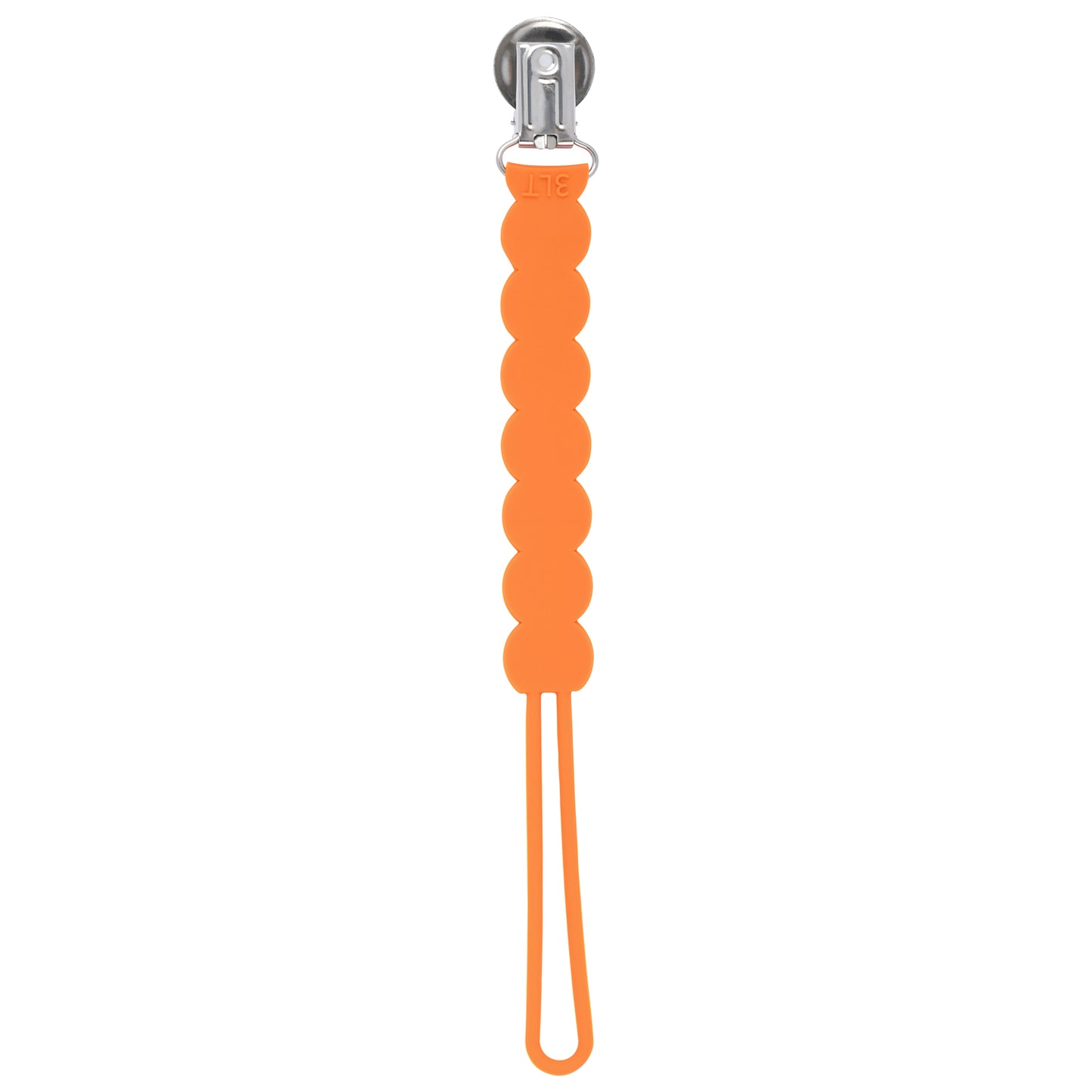 Three Little Tots Orange All Silicone one piece pacifier clip. This pacifier clip is flexible and easy to clean.