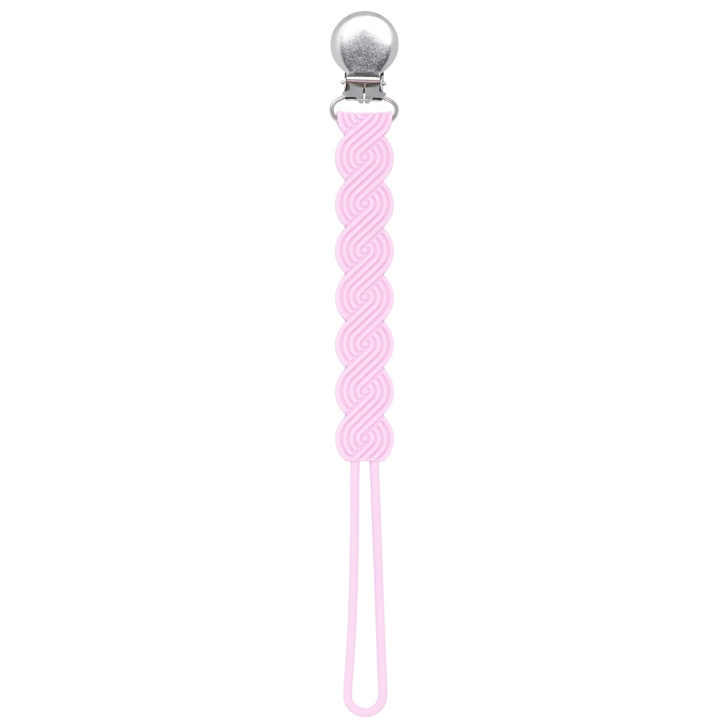 Three Little Tots Baby Pink All silicone one piece pacifier clip. This paci clip is flexible and easy to clean.
