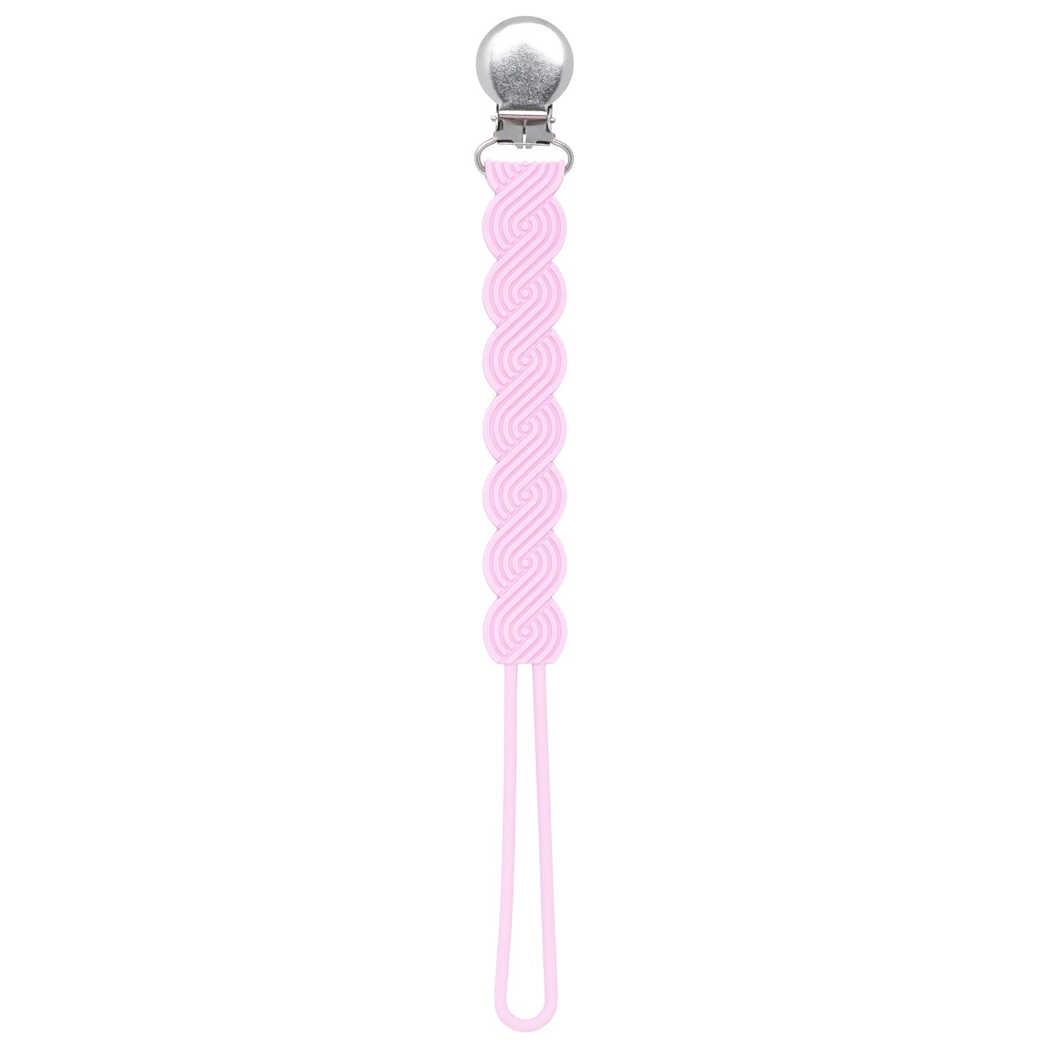 Three Little Tots Baby Pink All silicone one piece pacifier clip. This paci clip is flexible and easy to clean.