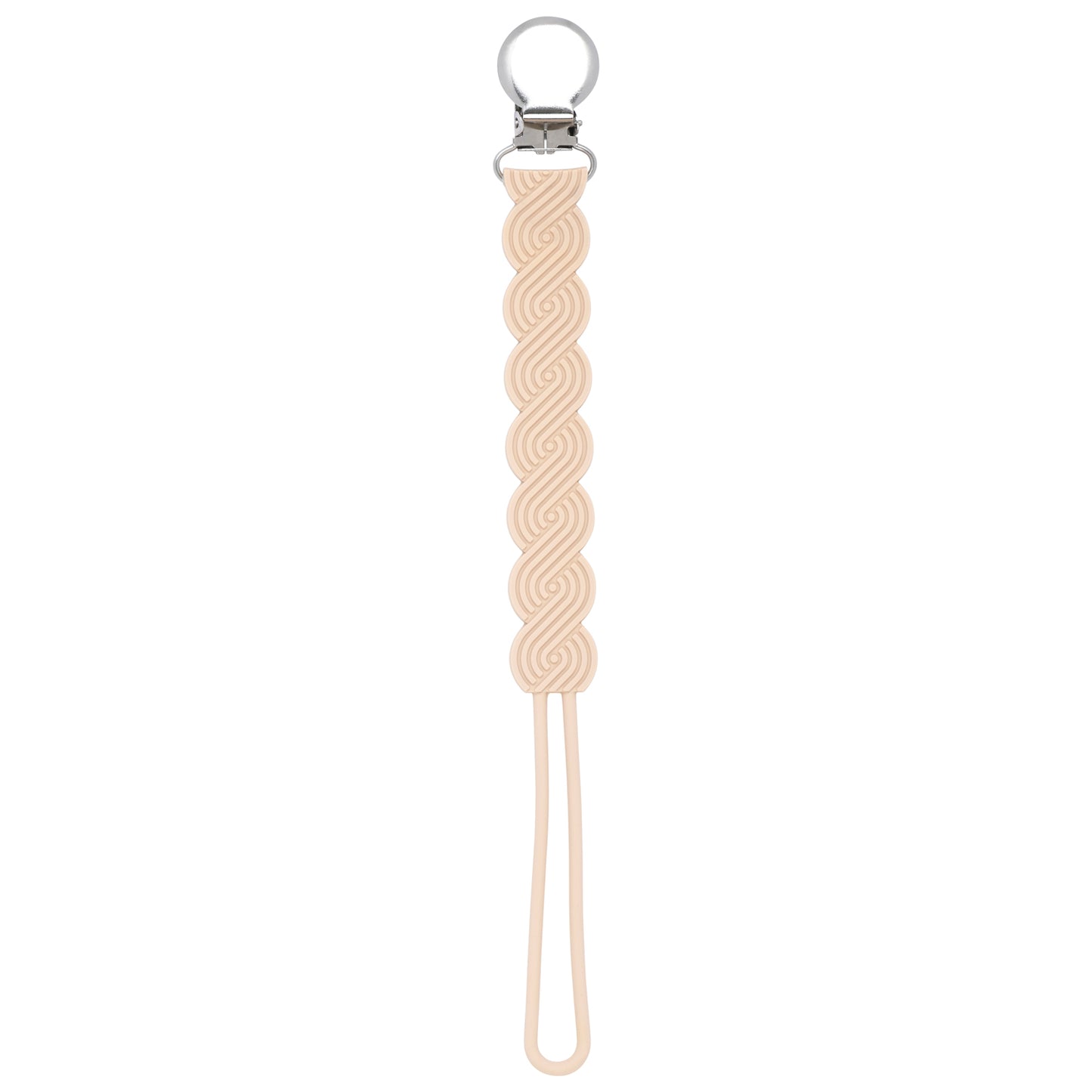 Three Little Tots Tan Neutral all silicone pacifier clip. This one piece paci clip is flexible and easy to clean.