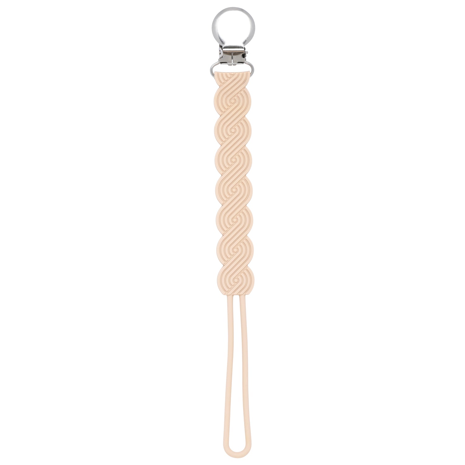 Three Little Tots Tan Neutral all silicone pacifier clip. This one piece paci clip is flexible and easy to clean.