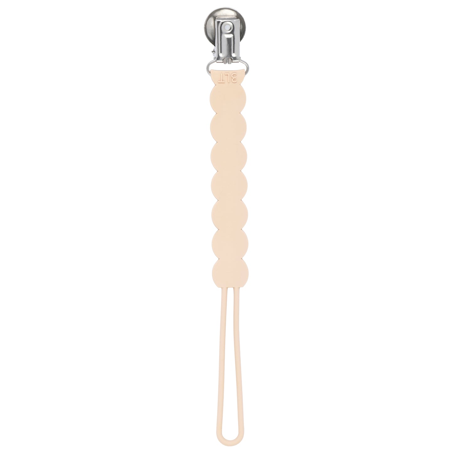 Three Little Tots Tan Neutral all silicone pacifier clip. This one piece paci clip is flexible and easy to clean.