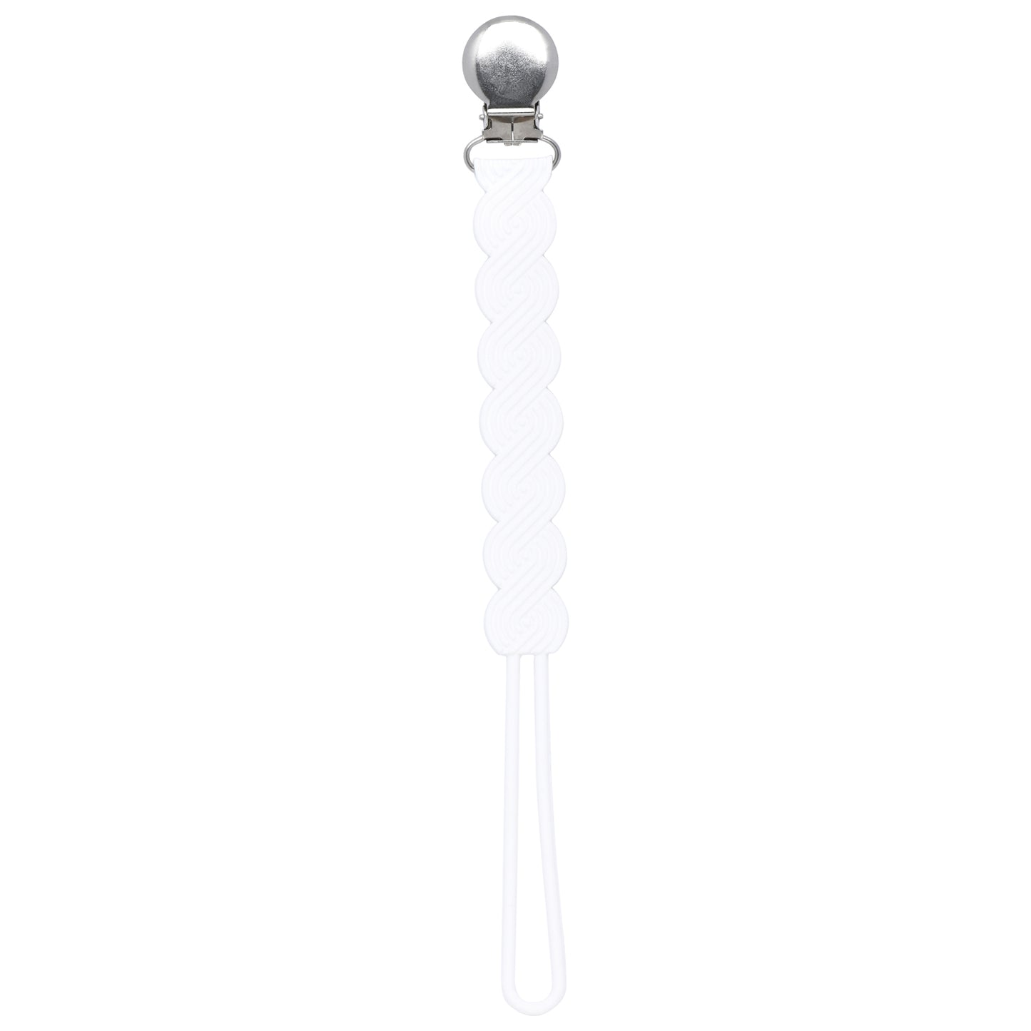 Three Little Tots white all silicone pacifier clip. This one piece paci clip is flexible and easy to clean.