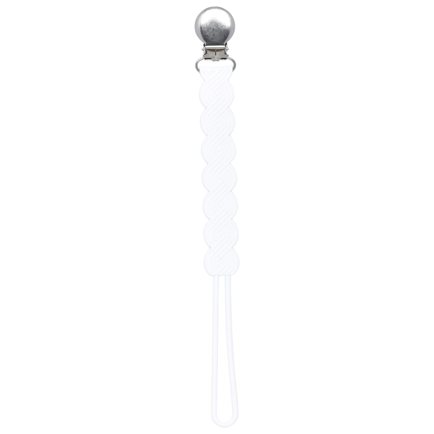 Three Little Tots white all silicone pacifier clip. This one piece paci clip is flexible and easy to clean.