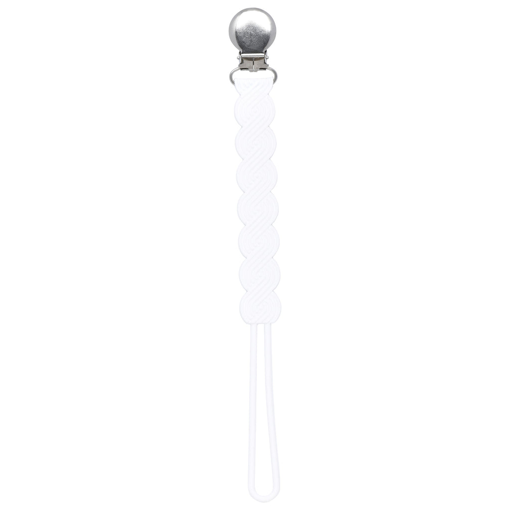 Three Little Tots white all silicone pacifier clip. This one piece paci clip is flexible and easy to clean.