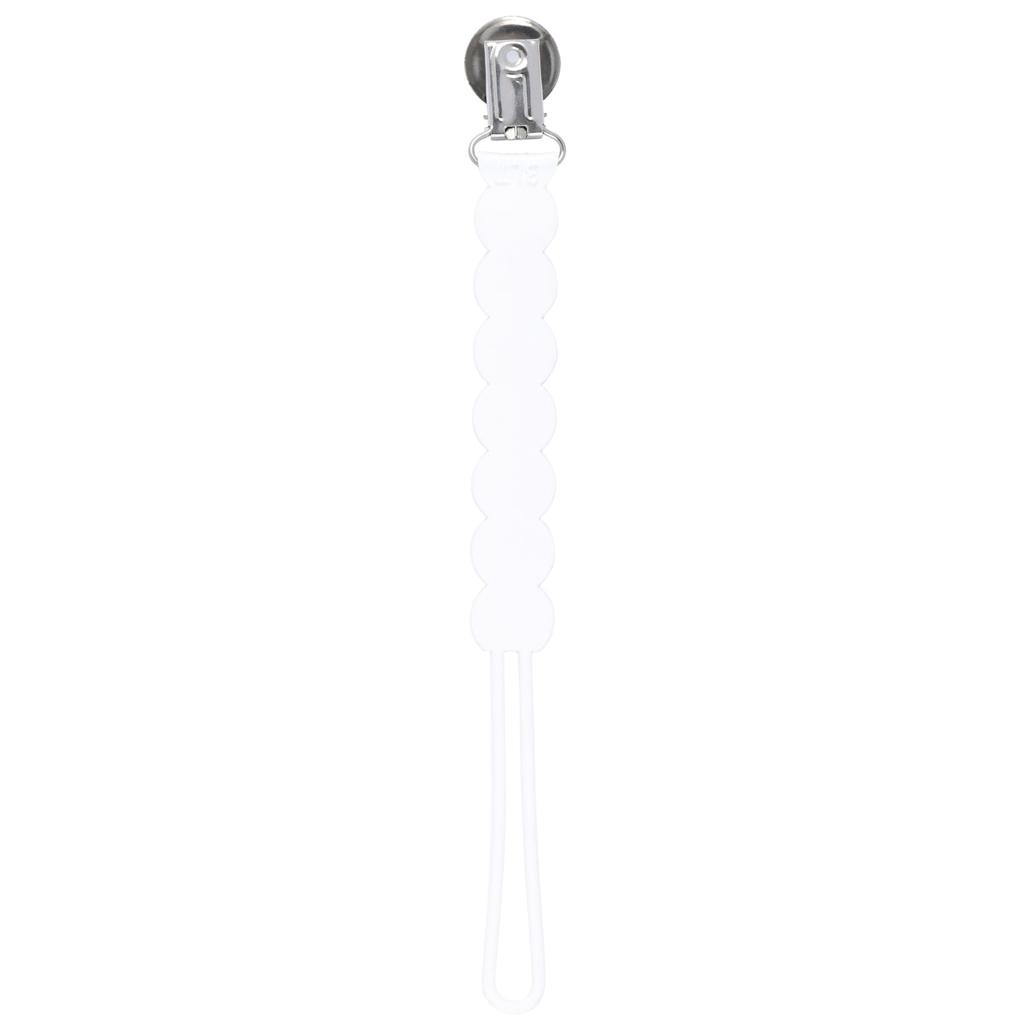 Three Little Tots white all silicone pacifier clip. This one piece paci clip is flexible and easy to clean.